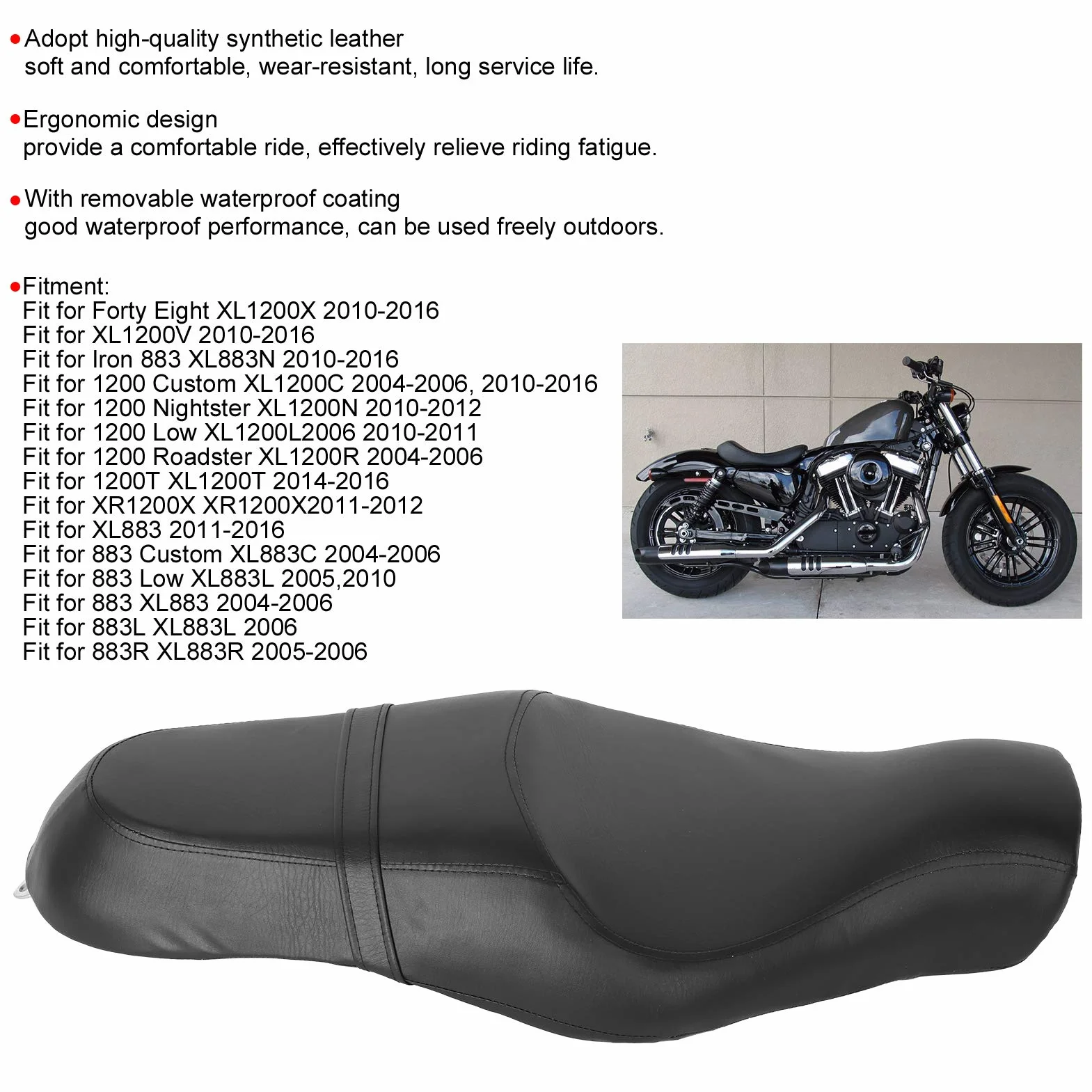 Sella Moto per Forty Eight XL1200X XL1200V XL883, Pelle Sintetica, Design ergonomico Confortevole, Cuscino Ciclismo Resistente