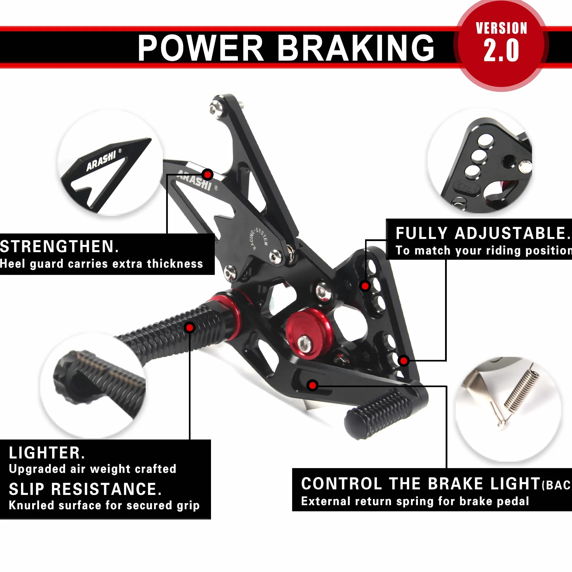 Arashi (Version2.0) Regolabile Pedane Arretrate Pedane Poggiapiedi per CBR1000RR 2004-2007, CBR600RR 2003-2006, Nero Accessori Pedalino Posteriori Pedaline