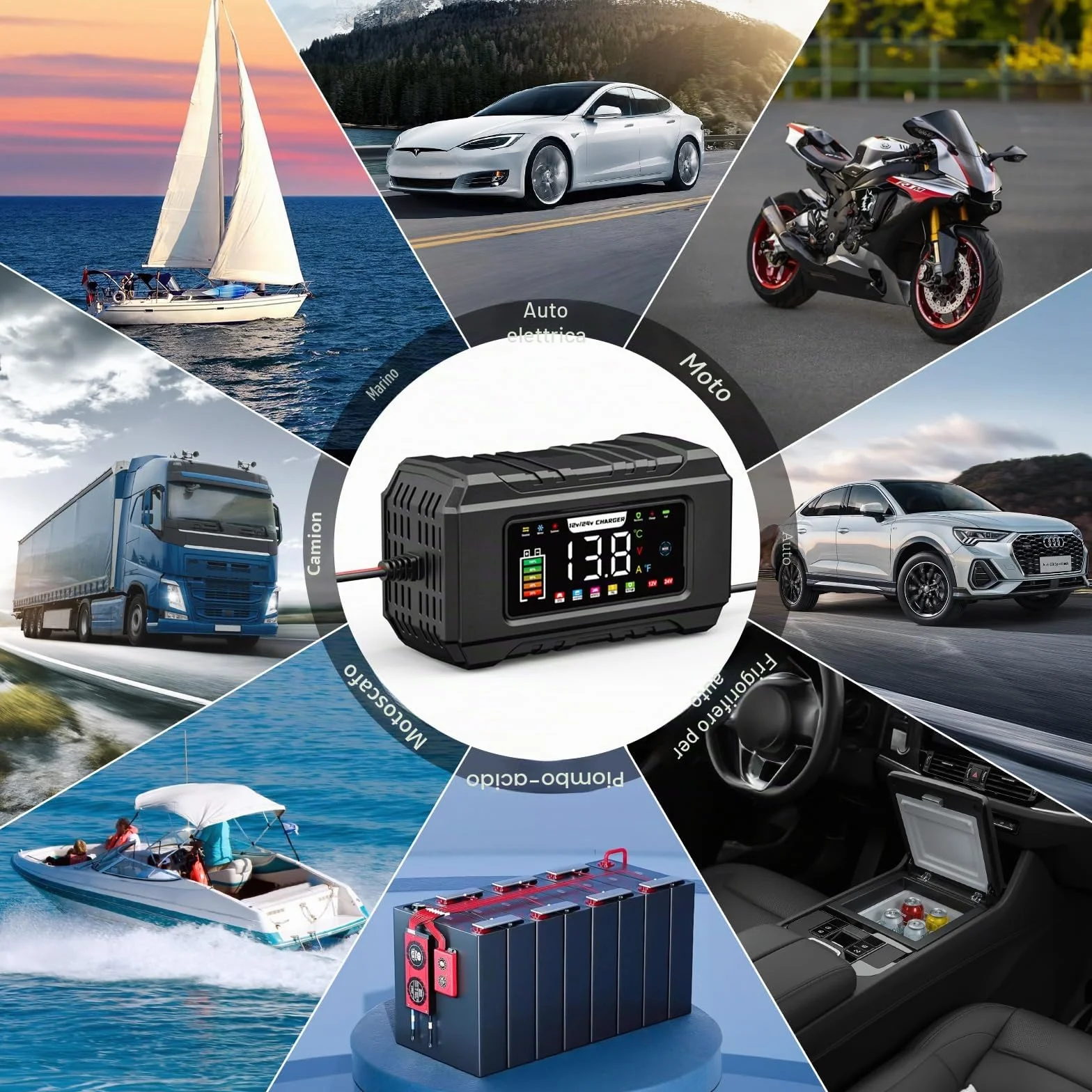 12V 15A Caricabatteria per Auto, 24V 8A Sicurezza Carica Batteria Moto 5 Modalità, Moto Carica Batteria with Temperature Compensation for Car Truck Motorcycle Marine Lead Acid Batterie
