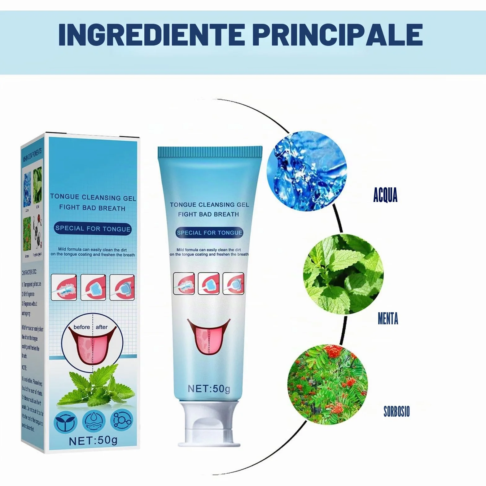 Gel per la pulizia della lingua con pennello, trattamento mughetto bocca, rimuove odore orale