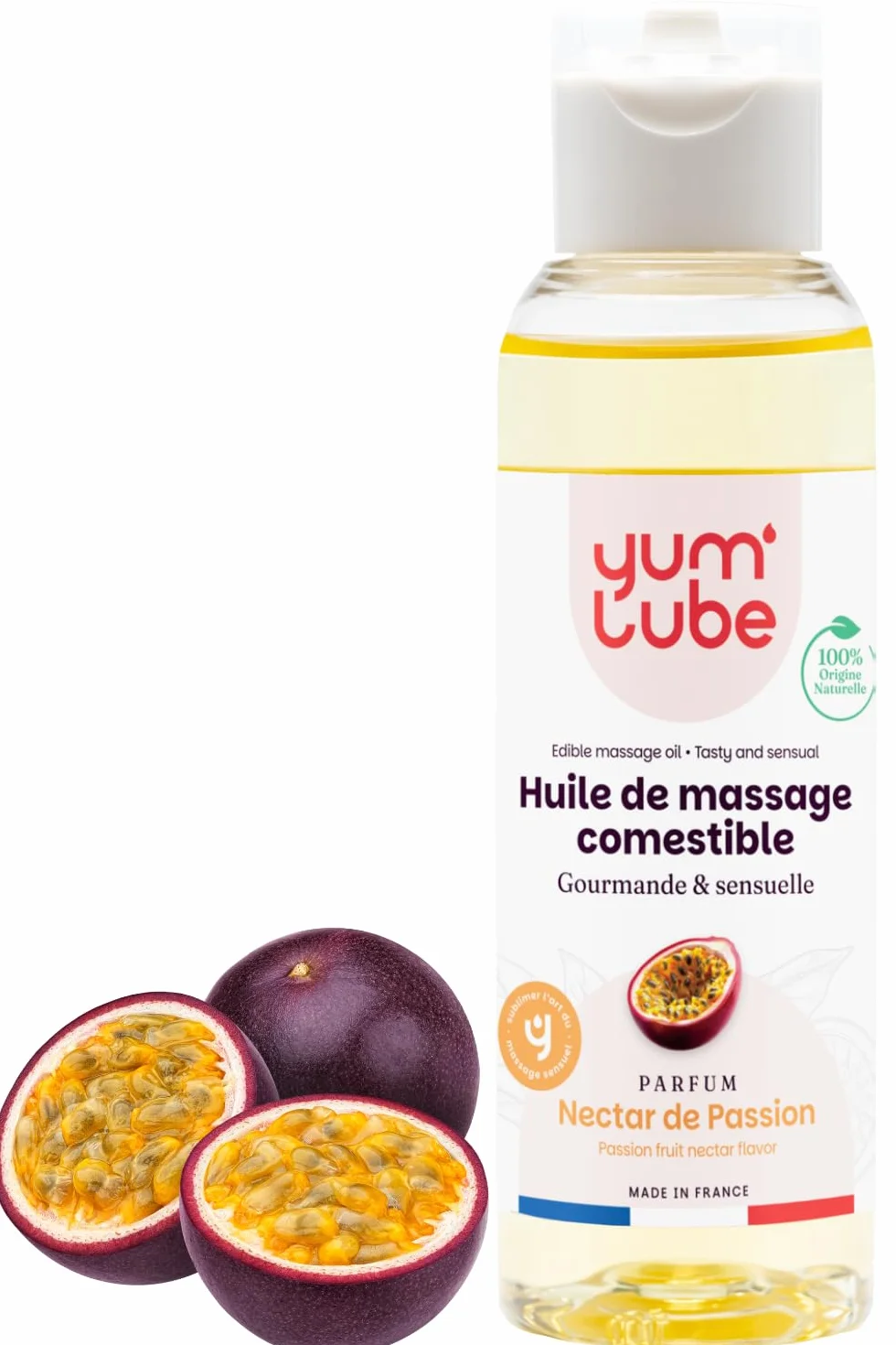 Yum'Lube Olio Massaggio Sensuale Lubrificante al Frutto della Passione 100% Naturale Bio Comestibile Made In France