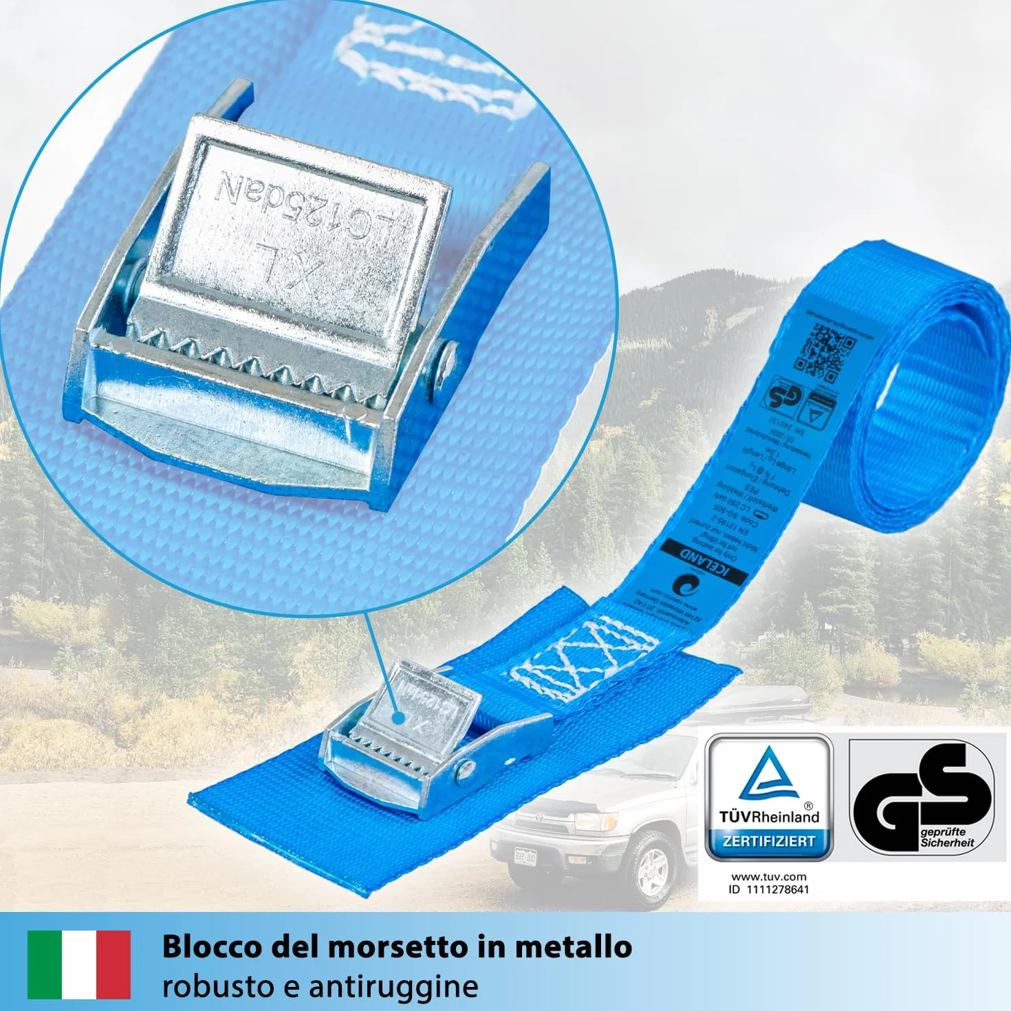 Valonic ICELAND Cinghie di fissaggio 25mm 250 Kg EN-12195-2 50cm blu