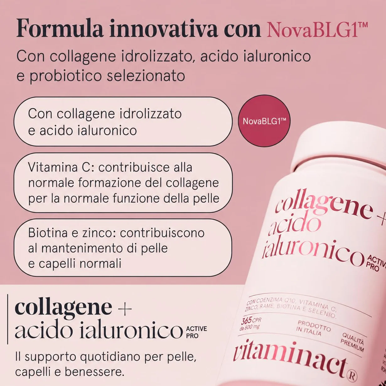 Collagene e Acido Ialuronico con Probiotico Bifidobacterium L. BLG1, Q10, Vitamina C, Zinco e Biotina