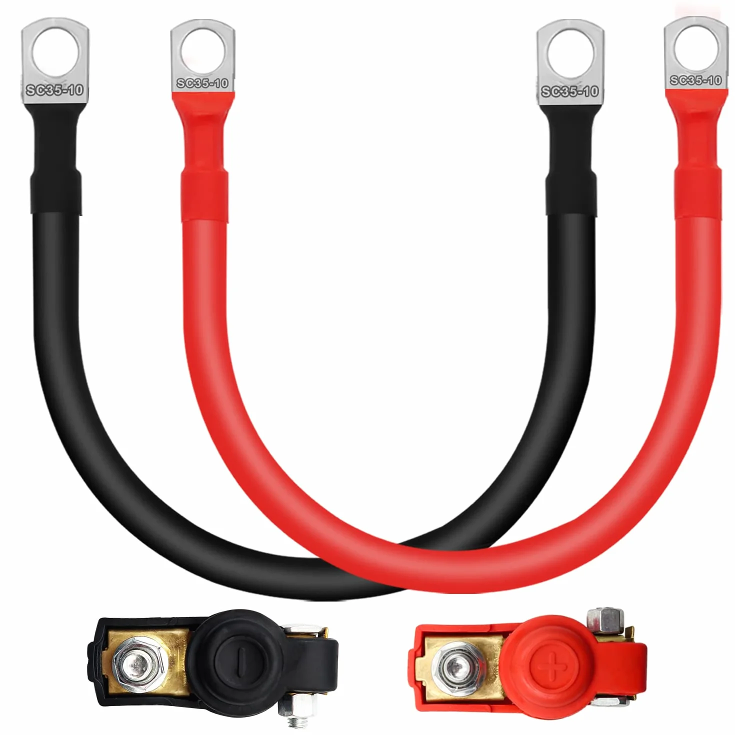 2 Pezzi 2AWG Cavo Batteria Kit,35mm² 34.5cm Cavi Inverter Batteria,Rosso e Nero Cavo Batteria con Occhielli,Cavo Cavi Rame Batteria Auto+1 Paio di Connettori di Batteria Terminali,per Energia Solare