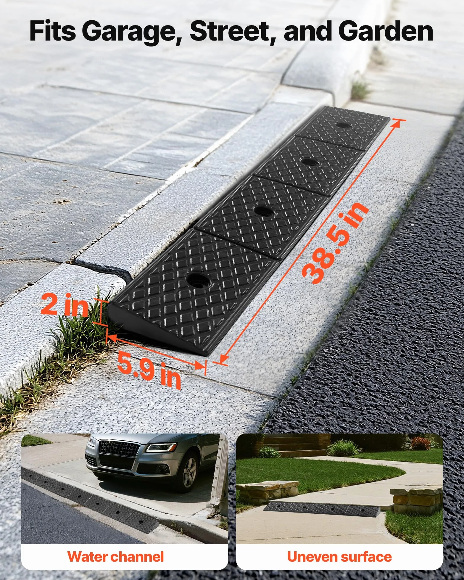 VEVOR Rampa in Gomma, Capacità di Carico di 15 T, Altezza di Salita di 50,8 mm, con Serbatoio di Drenaggio per Sedie a Rotelle, Passeggini, Motociclette, Automobili, Tosaerba, Confezione da 2