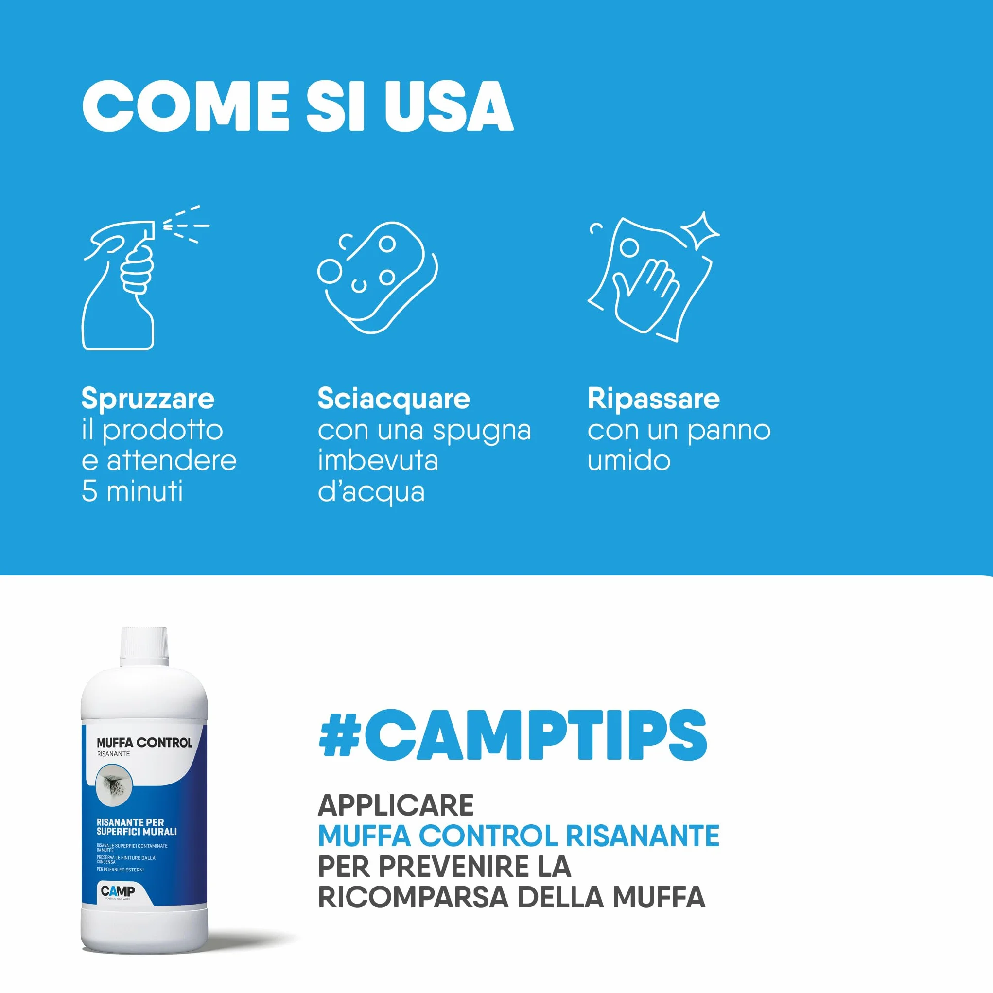 CAMP Rimuovi Muffa Antimuffa Spray 750 ml per Muri Interni ed Esterni