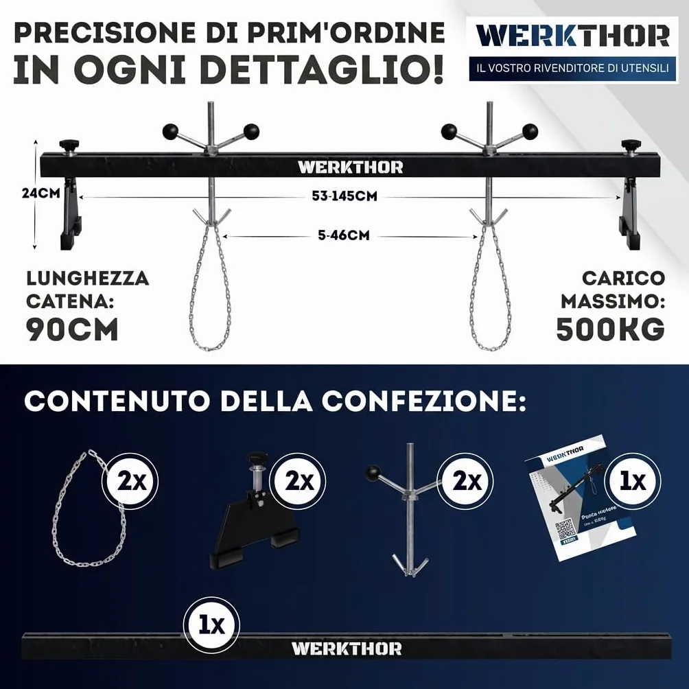 WERKTHOR Ponte motore 500 kg massiccio per auto Traversa parafango regolabile 150 cm Supporto motore 2 catene piedi 360° Ruota motore protezione parafango nero
