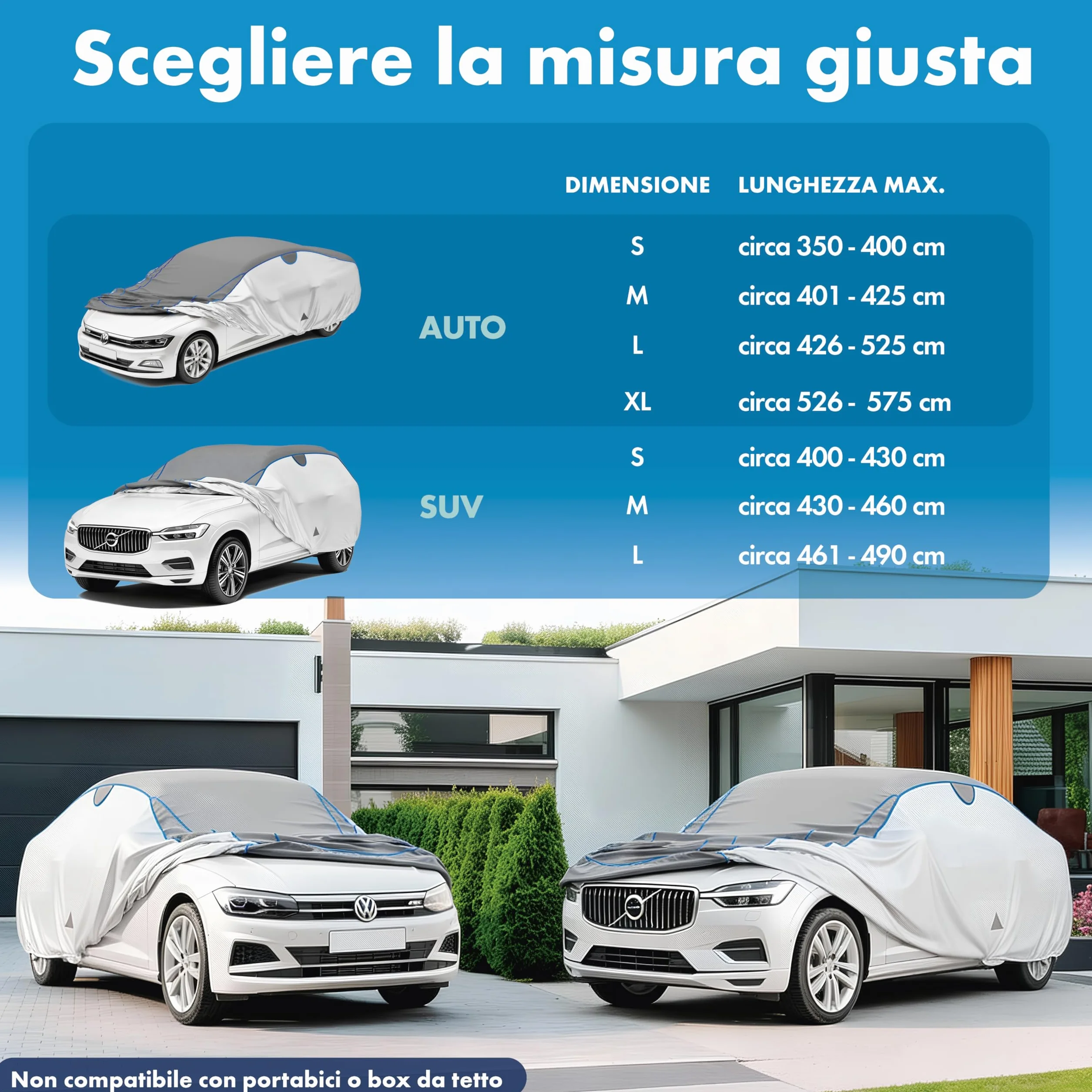 WALSER telo copriauto antigrandine, copertura antigrandine auto, copertura auto idrorepellente, copriauto completo per esterni, telo rivestimento veicolo veicolo M lunghezza max. 401-425 cm