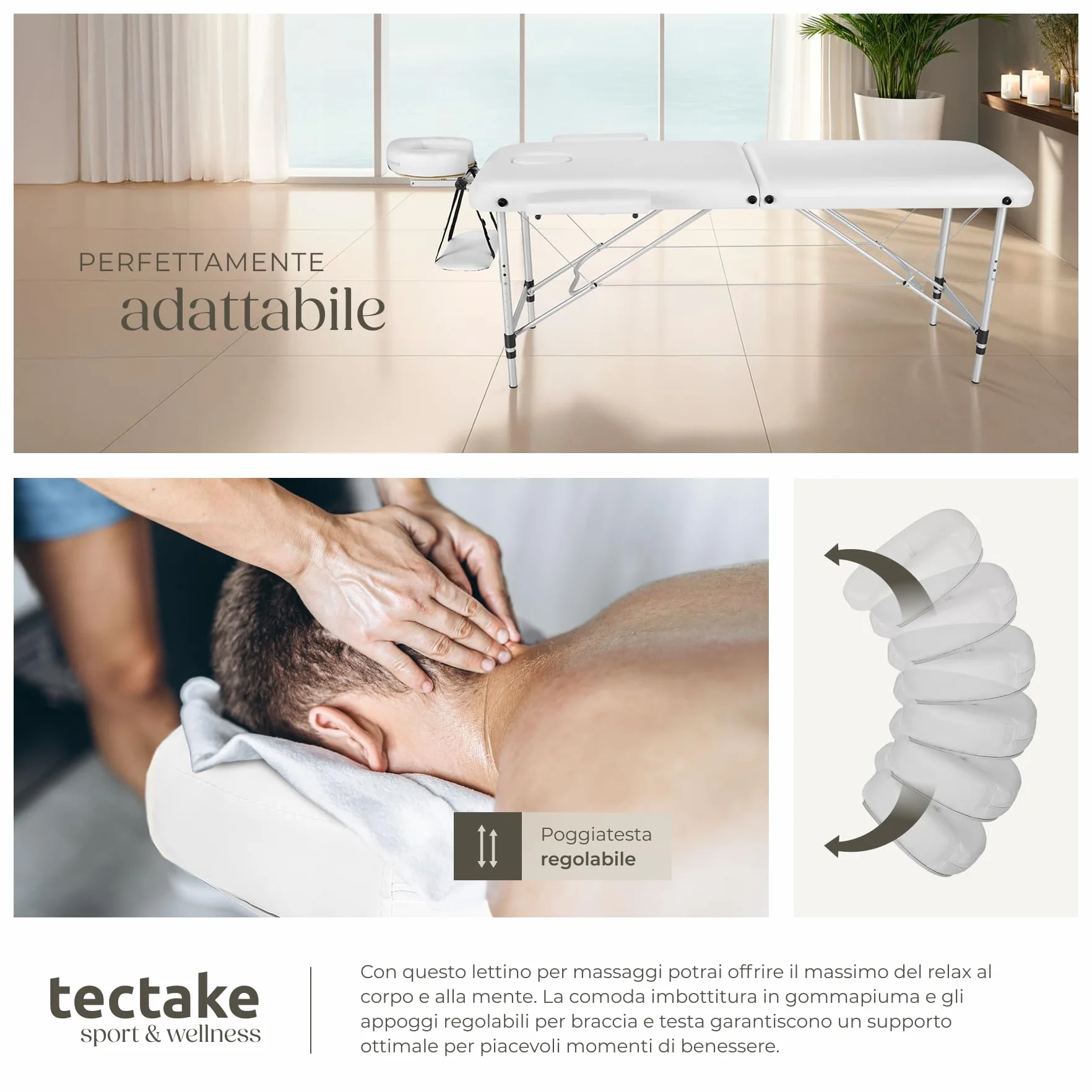 tectake Lettino Massaggio 2 Zone Portatile Regolabile Imbottitura Comfort Poggiatesta Multifunzione con Borsa Trasporto 230 kg Bianco