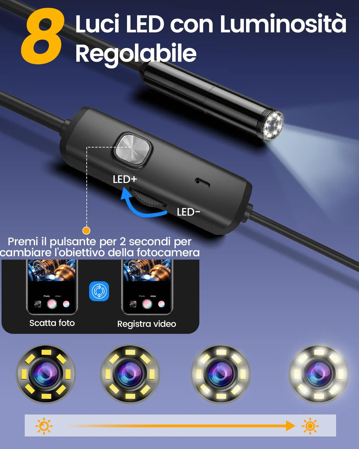 Endoscopio per Smartphone 1920P HD Boroscopio Digitale Industriale Sonda Telecamera con 8 LED IP67 5m
