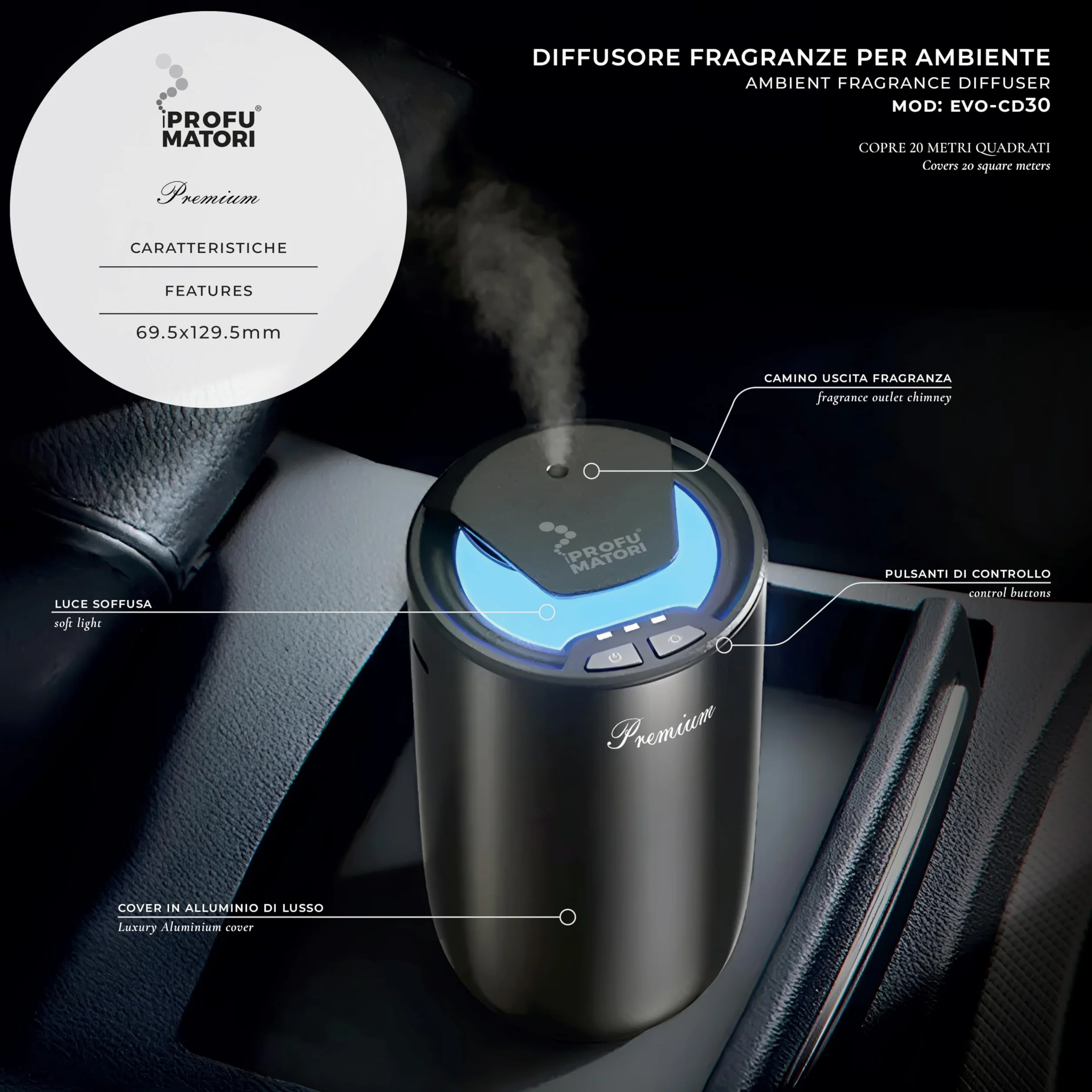 Diffusore Elettrico Auto EVO/CD30 Oud Omar 3 Livelli Intensità LED Ricarica USB 15ml Titanio