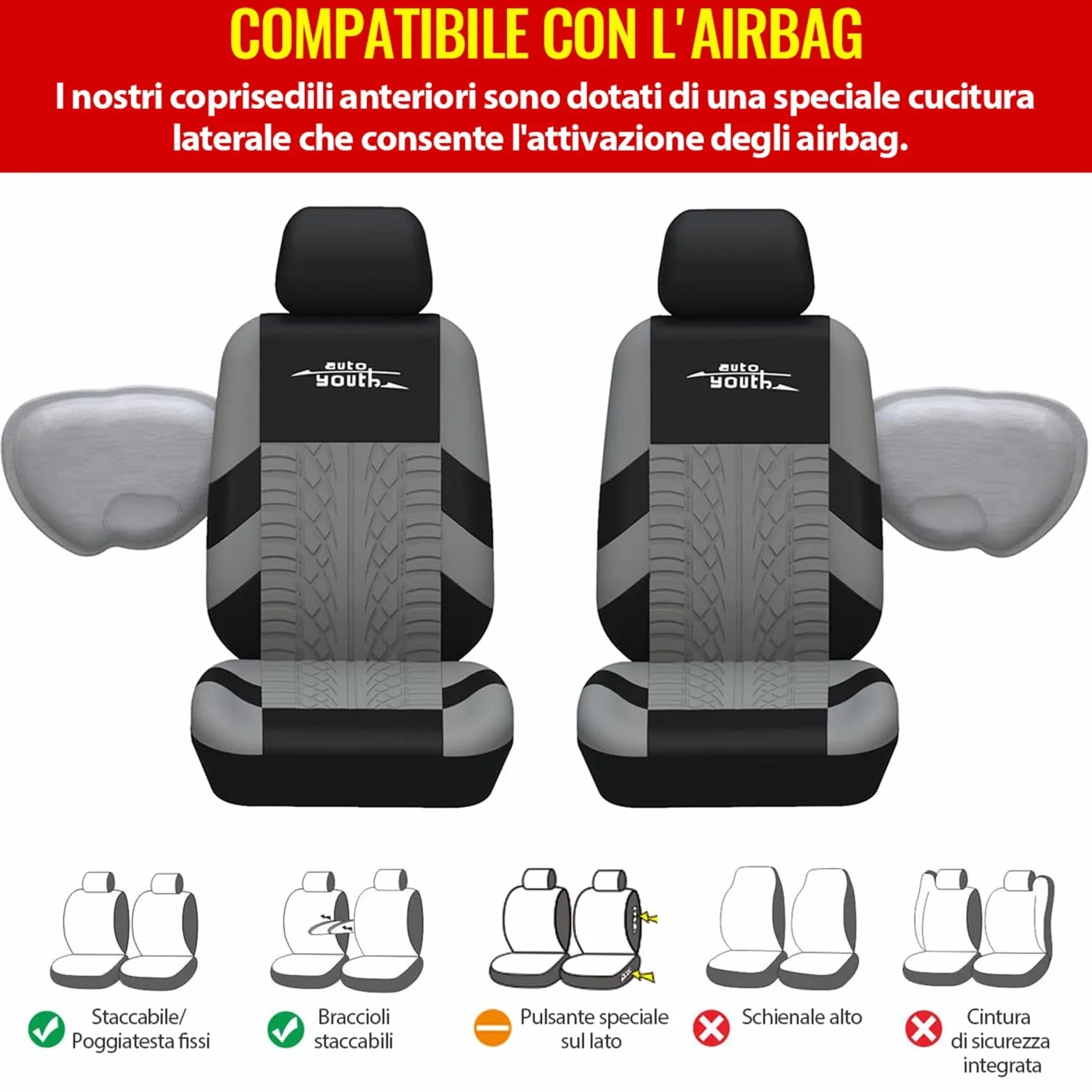 AUTOYOUTH Copri Sedili Auto Universali Compatibile Airbag Laterale Nero Grigio