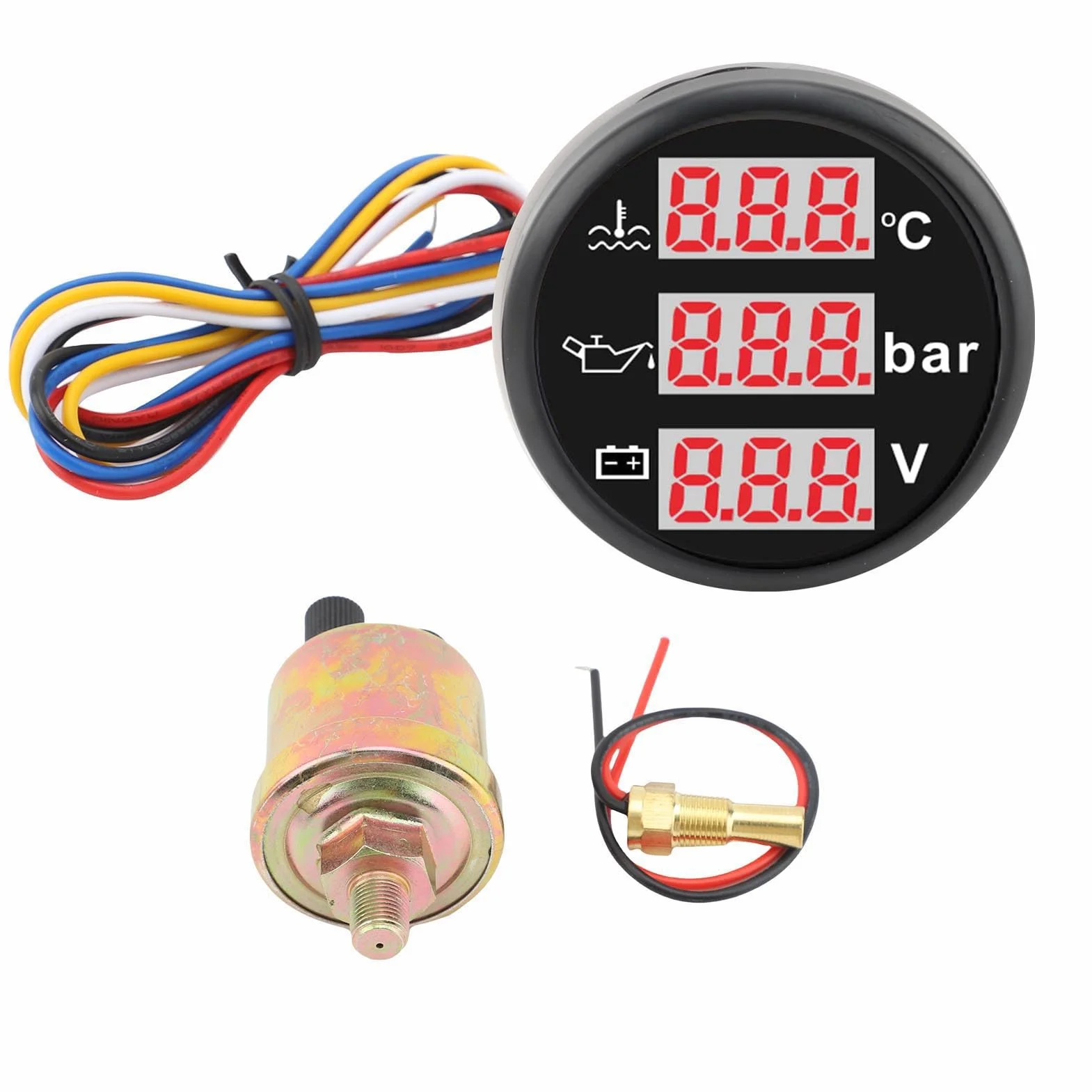 52 Mm 3 in 1 Set di Calibri Marini Auto, Manometro Temperatura Dell'acqua Liquido Raffreddamento Motore ° F + Misurazione Dell'olio Psi + Voltmetro, Kit (Quadrante nero Coperchio nero)