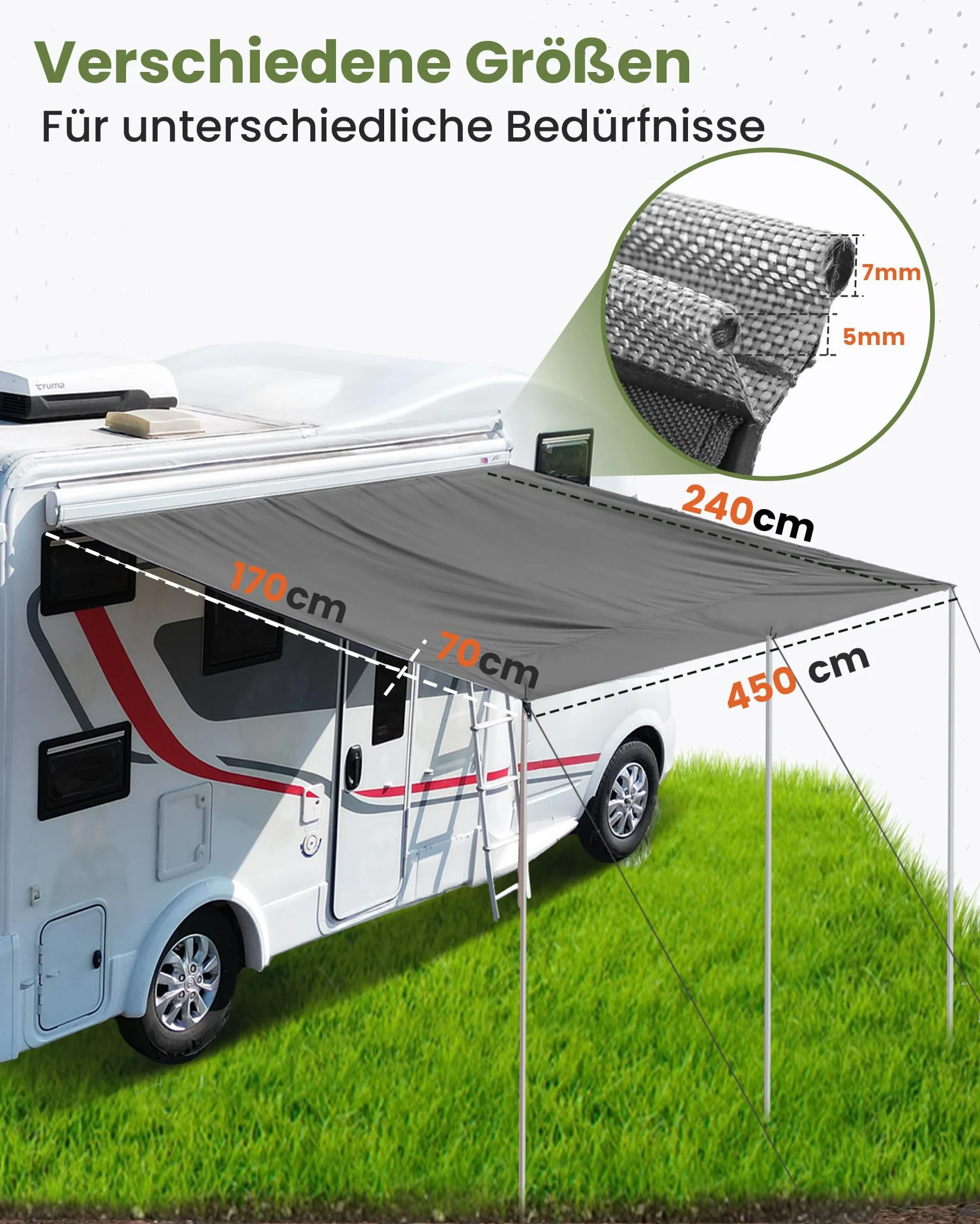Tenda da sole per roulotte 450x240 cm 2 listelli 3 aste alluminio protezione acqua 5000 ml UV 50+