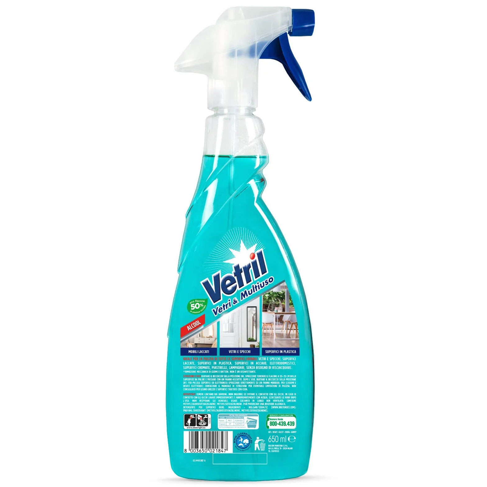 Vetril Vetri e Multiuso Igienizzante Spray Superfici con Alcool 650 ml x 3 Pezzi