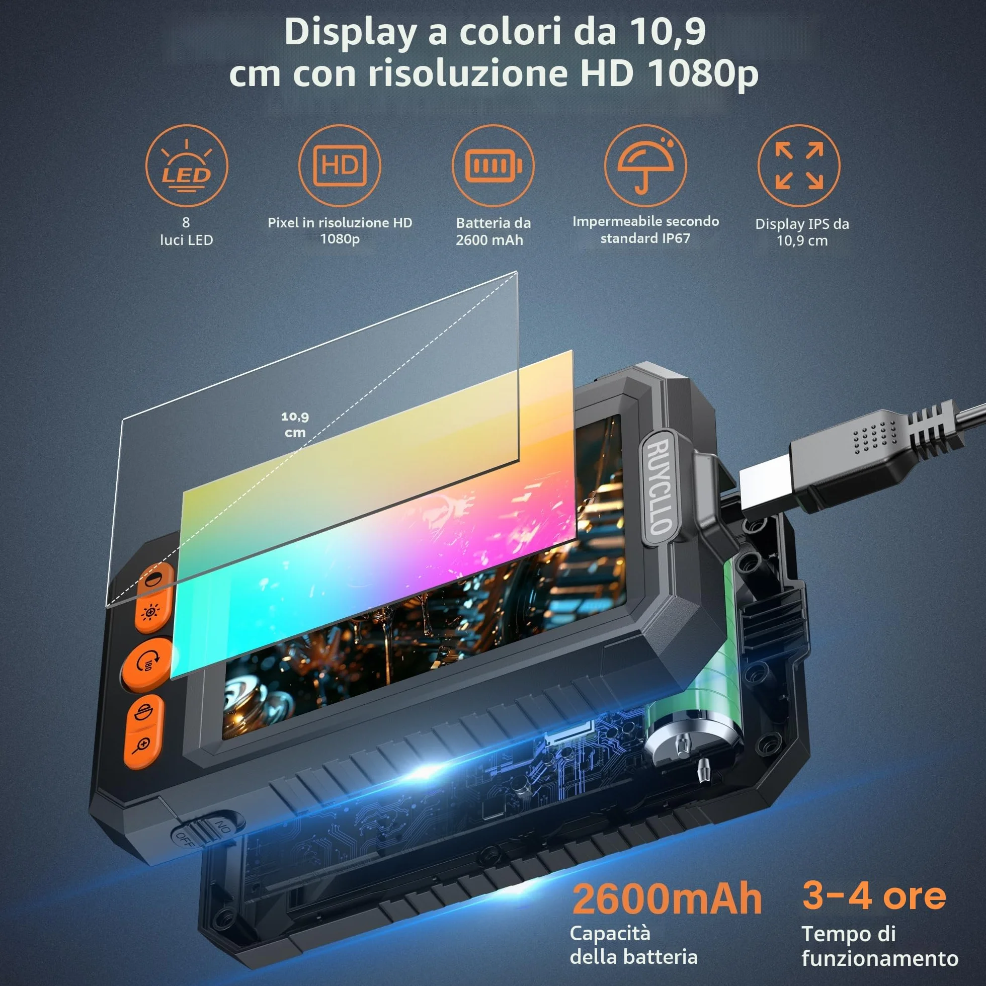 Endoscopio 1080P HD con Schermo IPS 4.3'' Telecamera Ispezione IP67 Impermeabile 8 LED Sonda 8mm Cavo 5M