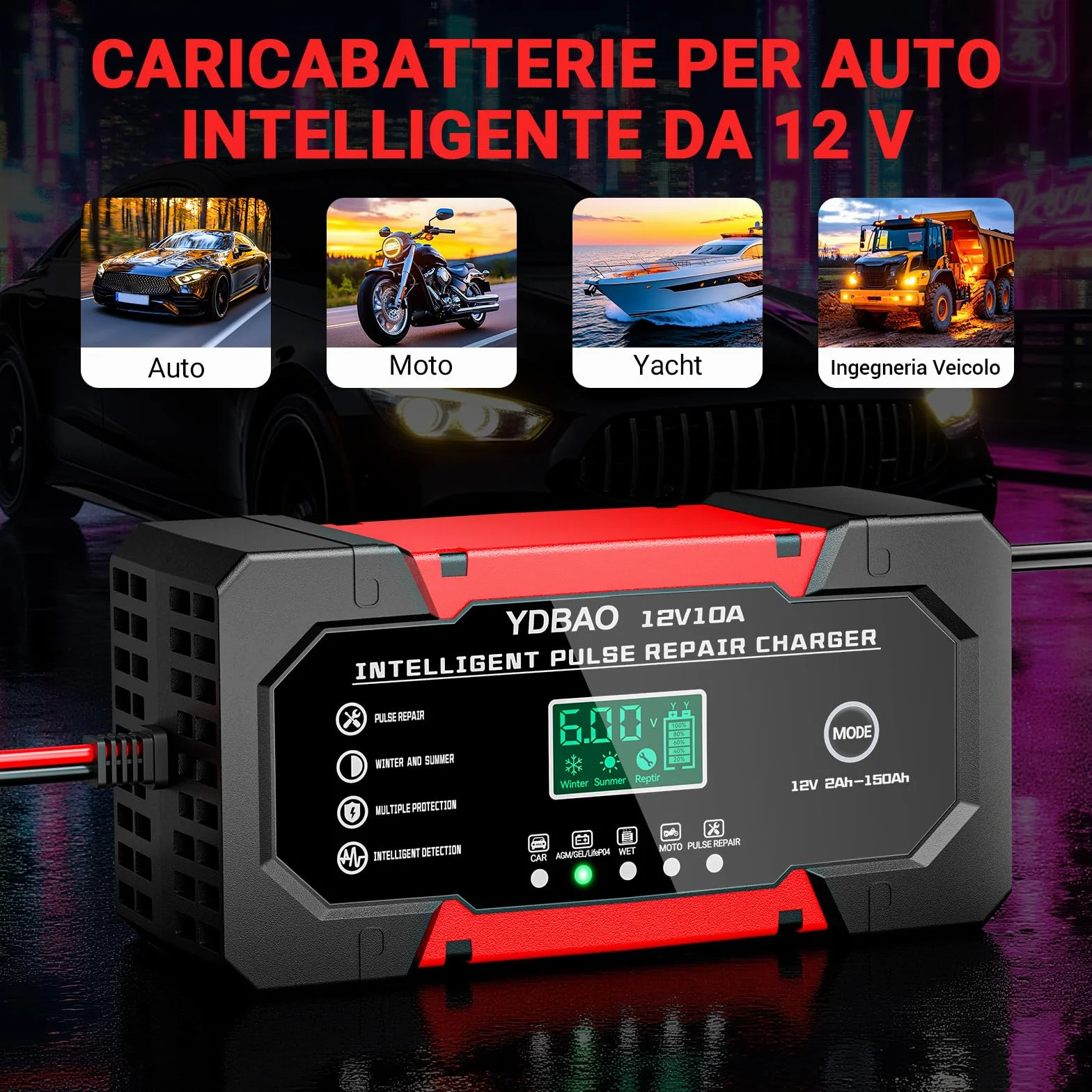 YDBAO Caricabatterie Auto 10A 12V Carica Batteria per Auto Moto Intelligente Multi Protezioni Riparazione di Moto Auto con Schermo LCD per AGM LiFePO4