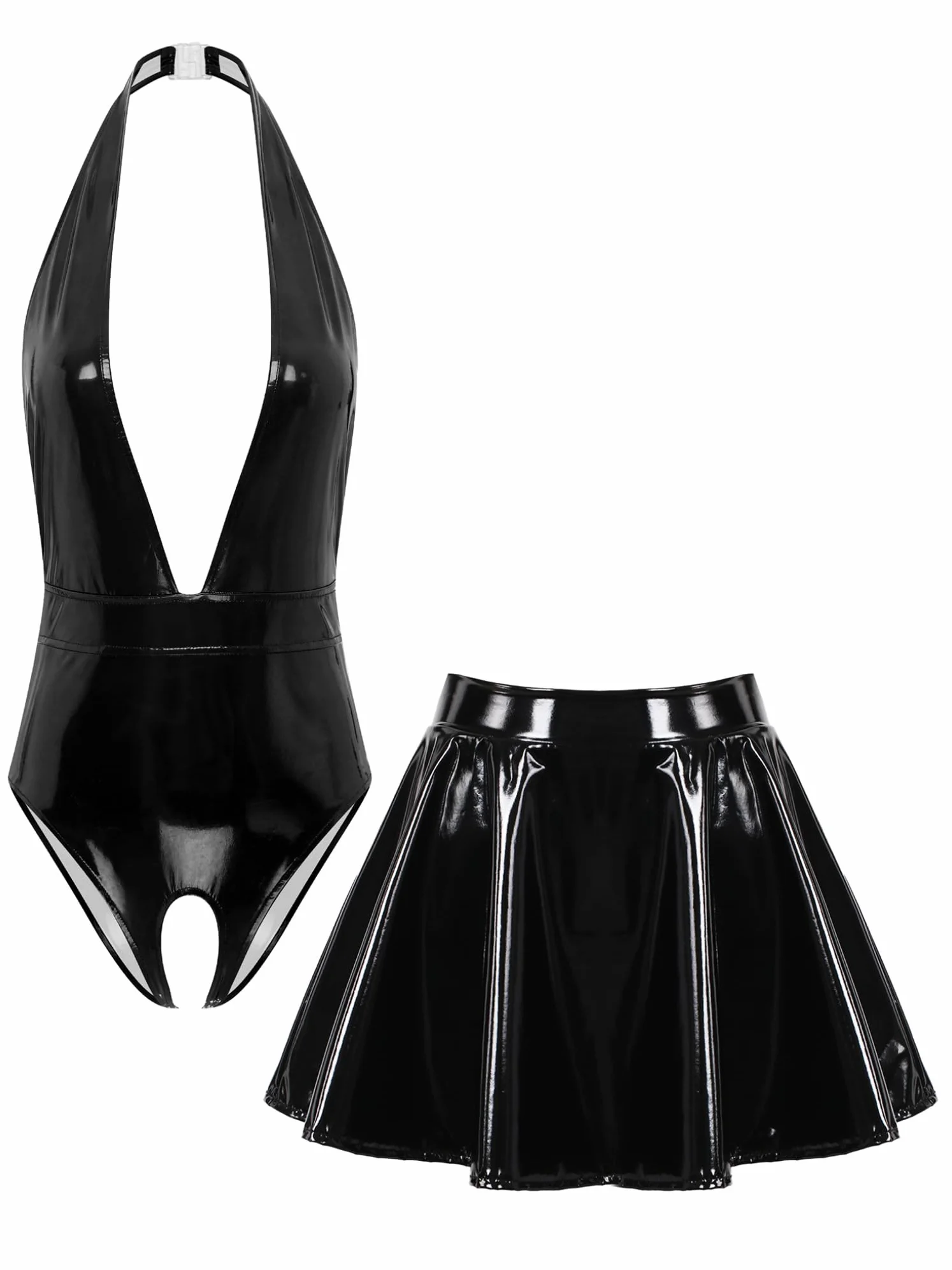 Body in Pelle Verniciata Scollo a V Leotard con Cavallo Aperto Teddy Babydoll con Gonna a Pieghe Lingerie Erotico Biancheria Intima di Cuoio
