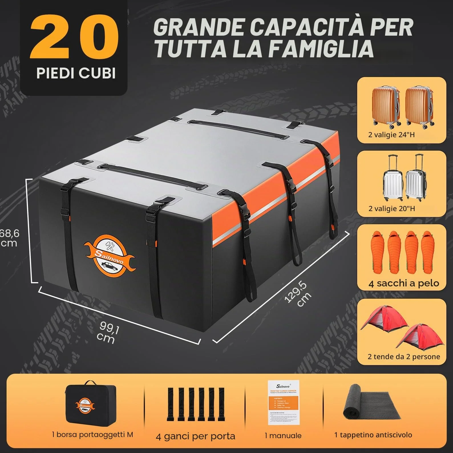 Sailnovo Box da tetto per auto, 21 piedi cubi, pieghevole, con tappetino antiscivolo, 6 ganci per porta, in PVC 1000D, per auto con/senza barra trasversale per portapacchi (arancione)