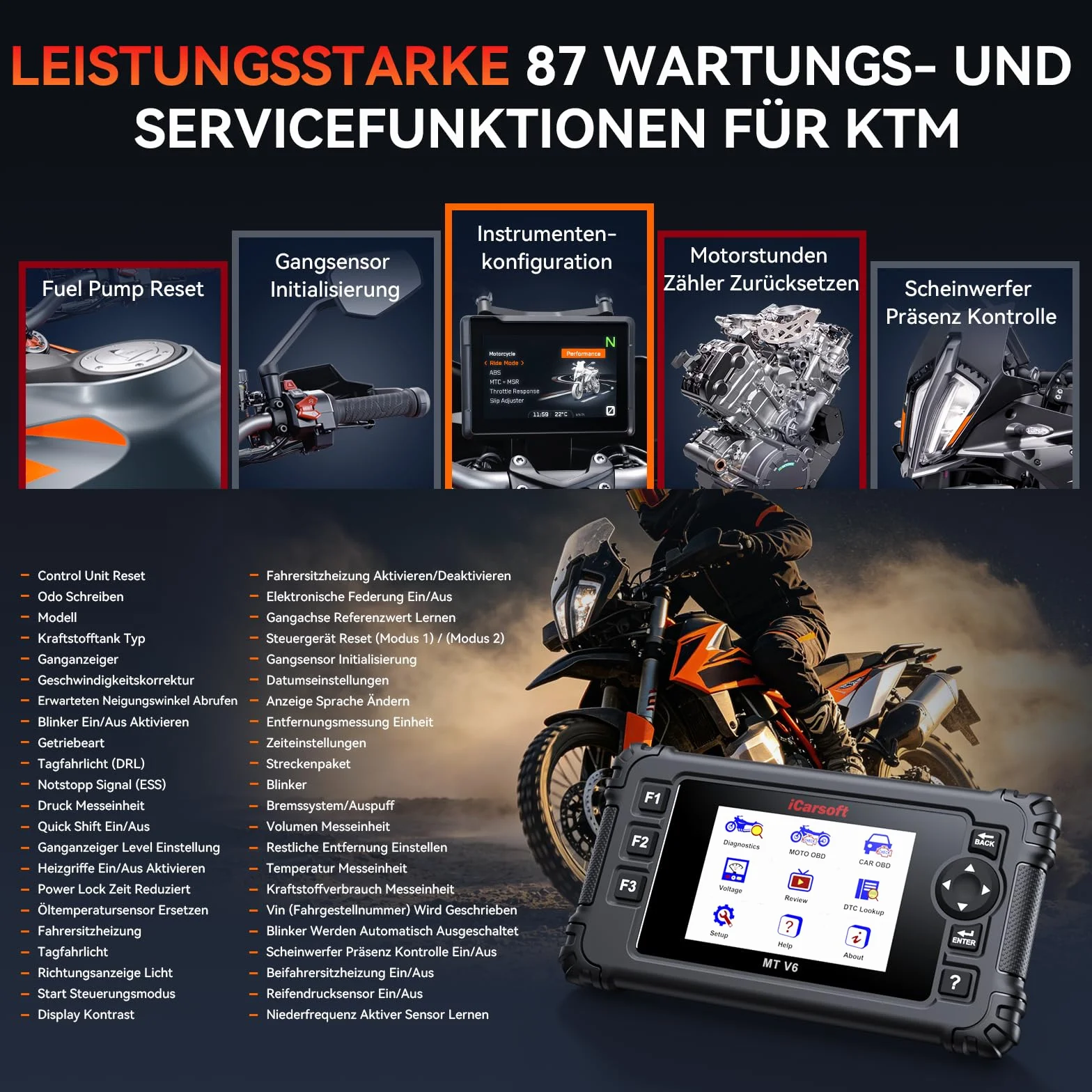 iCarsoft MT V6 Scanner OBD2 Diagnostica Moto KTM, 88 Servizi Manutenzione, 108 Test Attuatori, Test Batteria