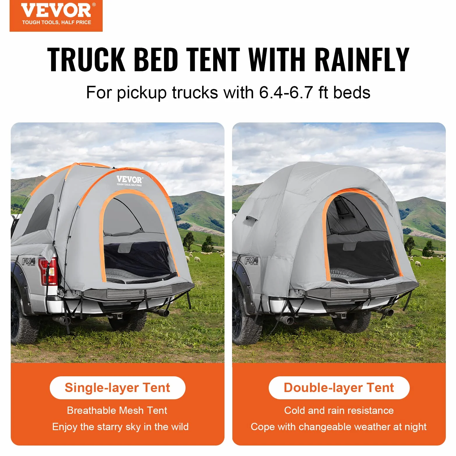 VEVOR Tenda per Camion Pick-up da Campeggio Strati Doppio Spazio Interno 200 x 165 x 170 cm Impermeabilità PU2000 5,6 kg