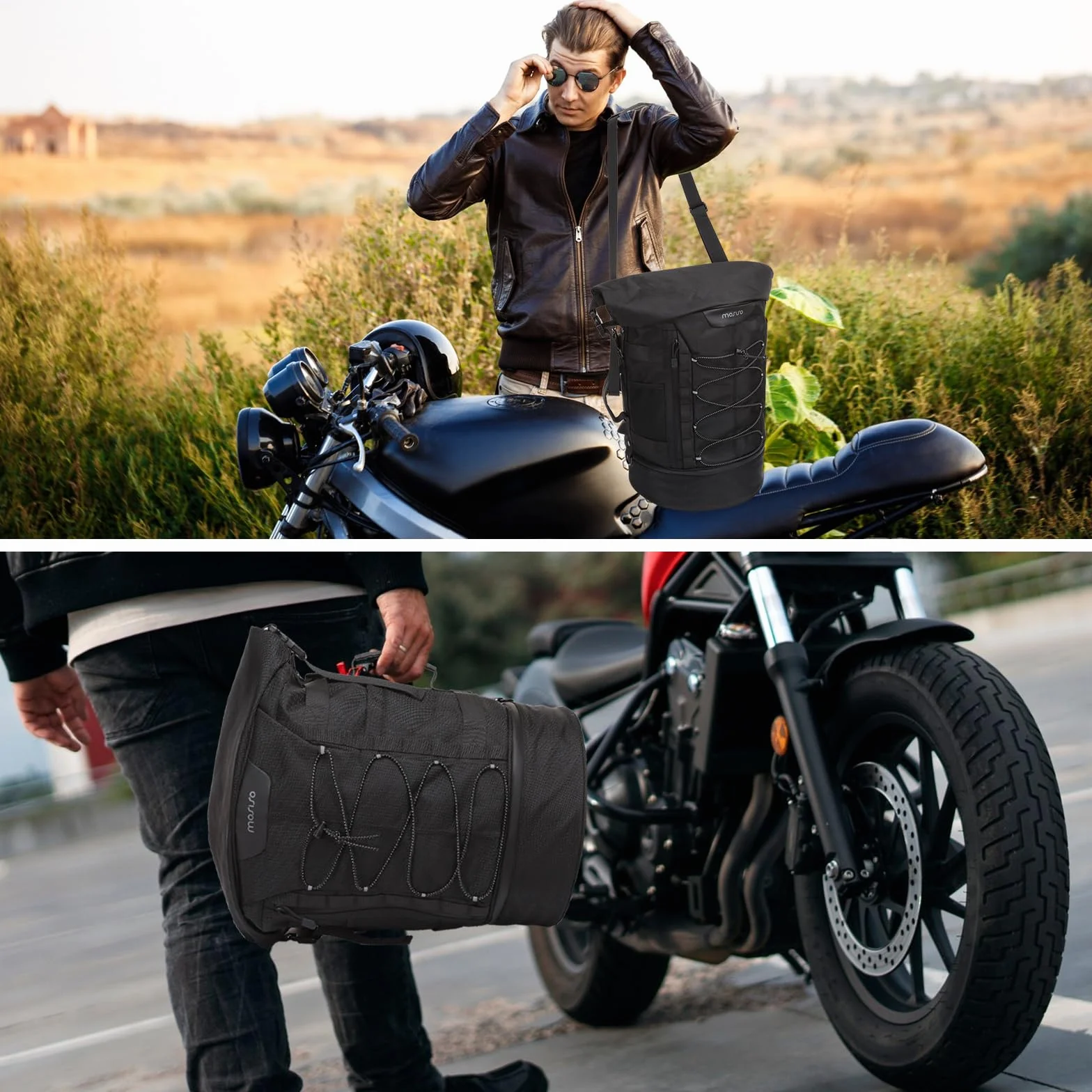 MOSISO Borsa Moto Schienale Sissy Bar da Viaggio Marsupio per Grande Capacita Espandibile 30L-48L, Borsa Posteriore Moto con Copertura Antipioggia e Tracolla, Nero