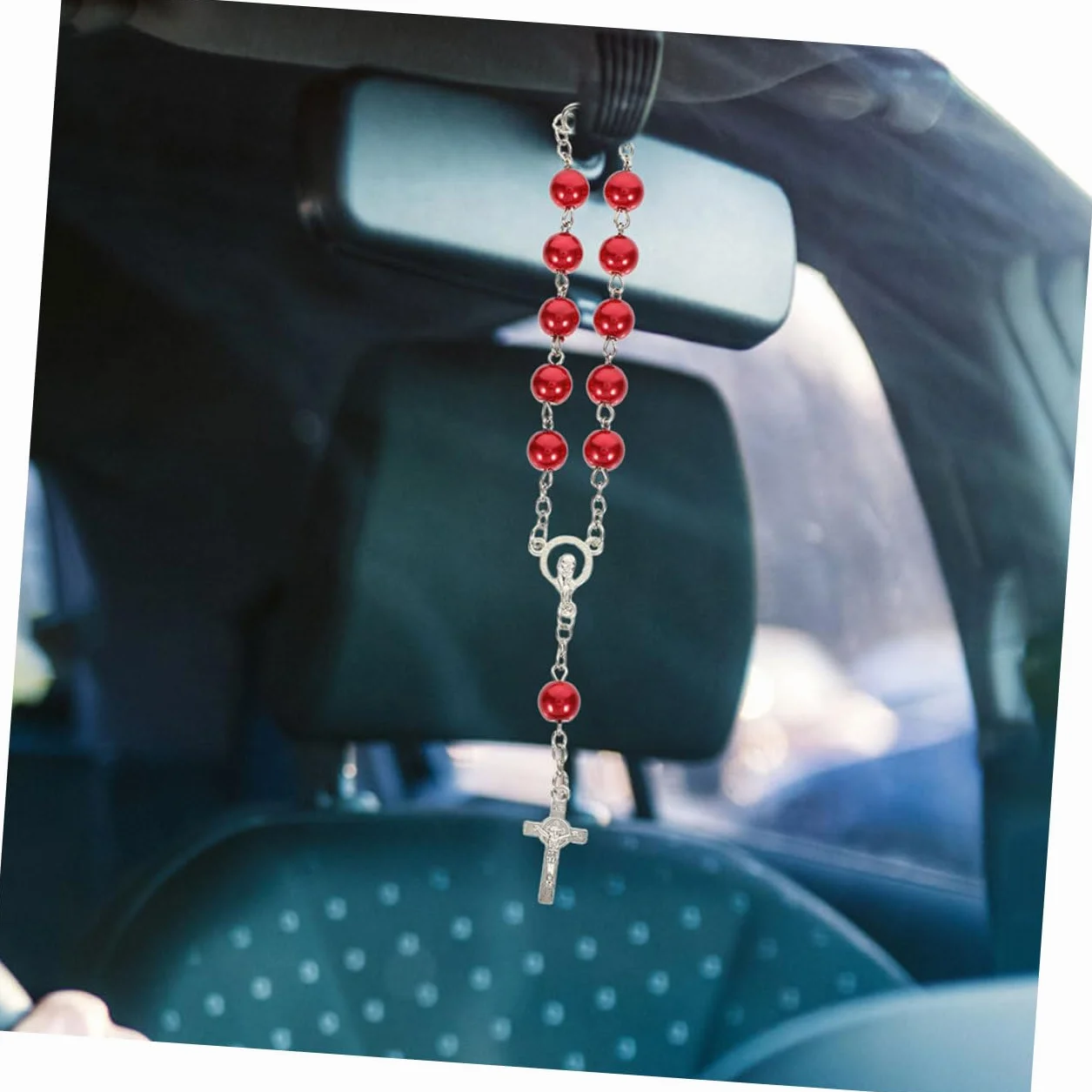 Rosario per Auto Specchietto Retrovisore Croce in Metallo Rosso, Set 2 Pezzi, Decorazione Religiosa Uomo Donna, Accessorio Interni Veicolo per Spiritualità e Stile Stili Multipli