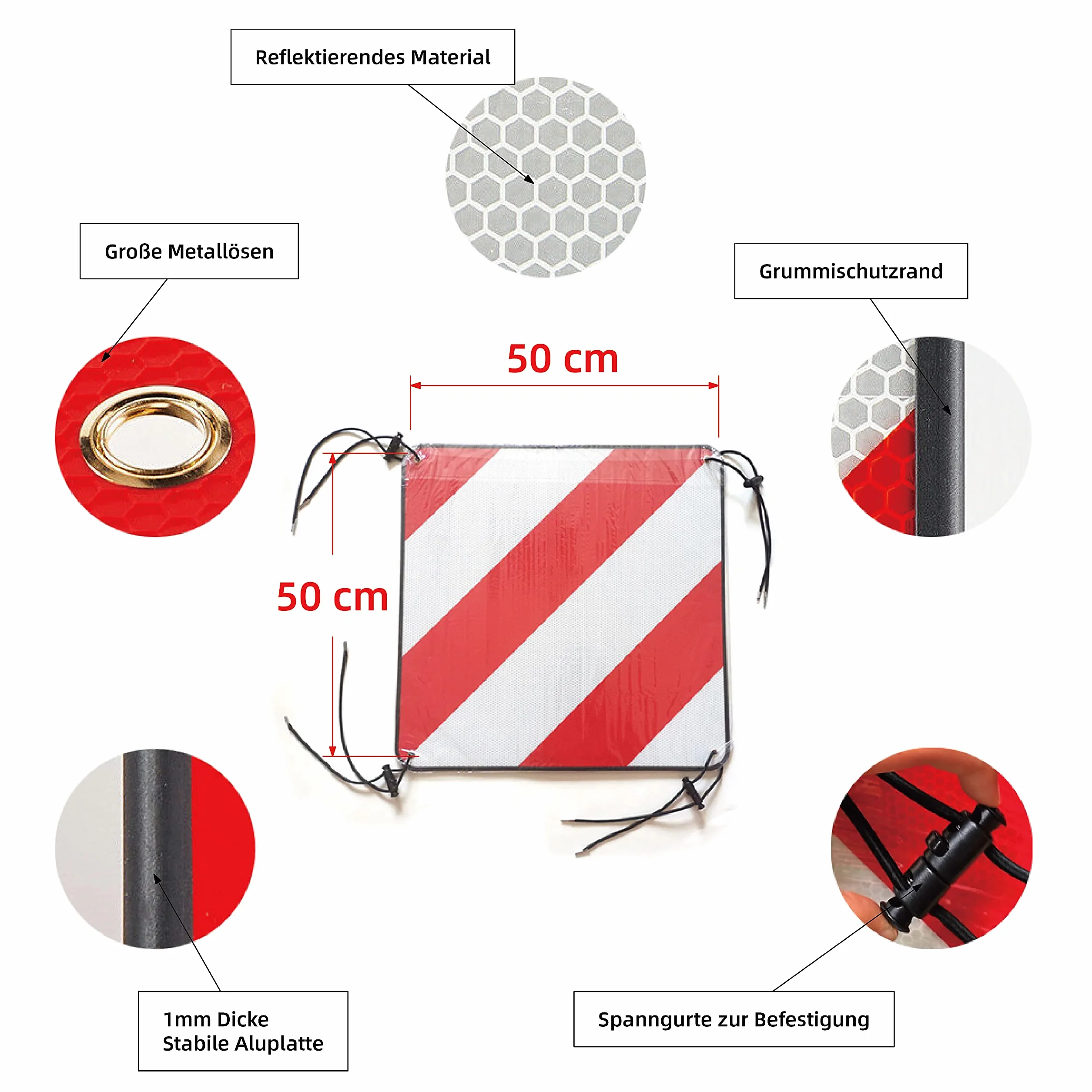 Segnale d'avvertenza riflettente alluminio 50 x 50 cm 2 in 1 per Italia e Spagna con cinghie di fissaggio