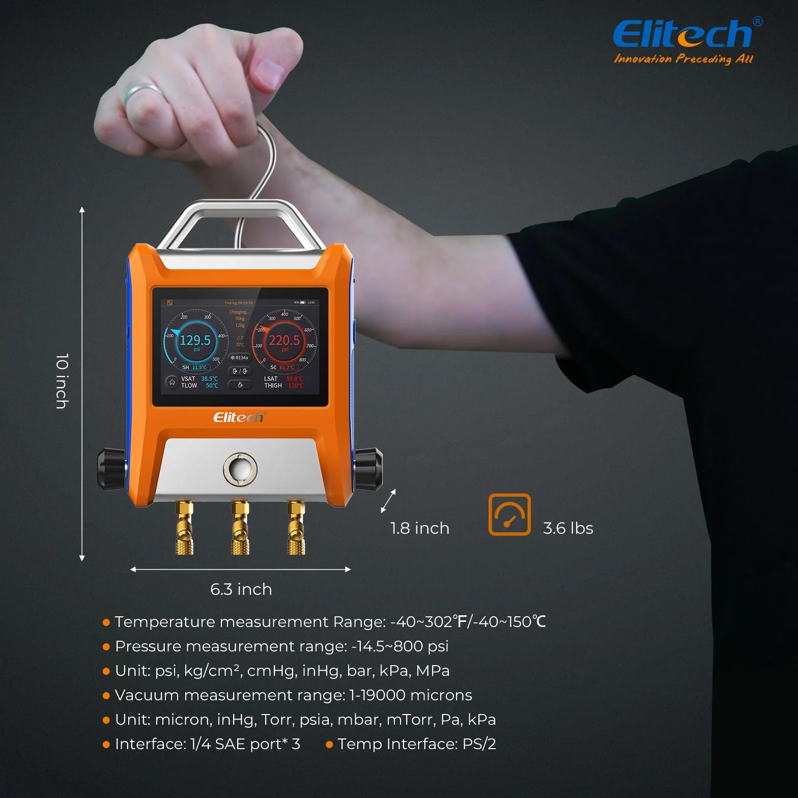 Elitech EMG-20V Kit Manometro Digitale Intelligente con Schermo Touch 5 Pollici Bluetooth per HVAC