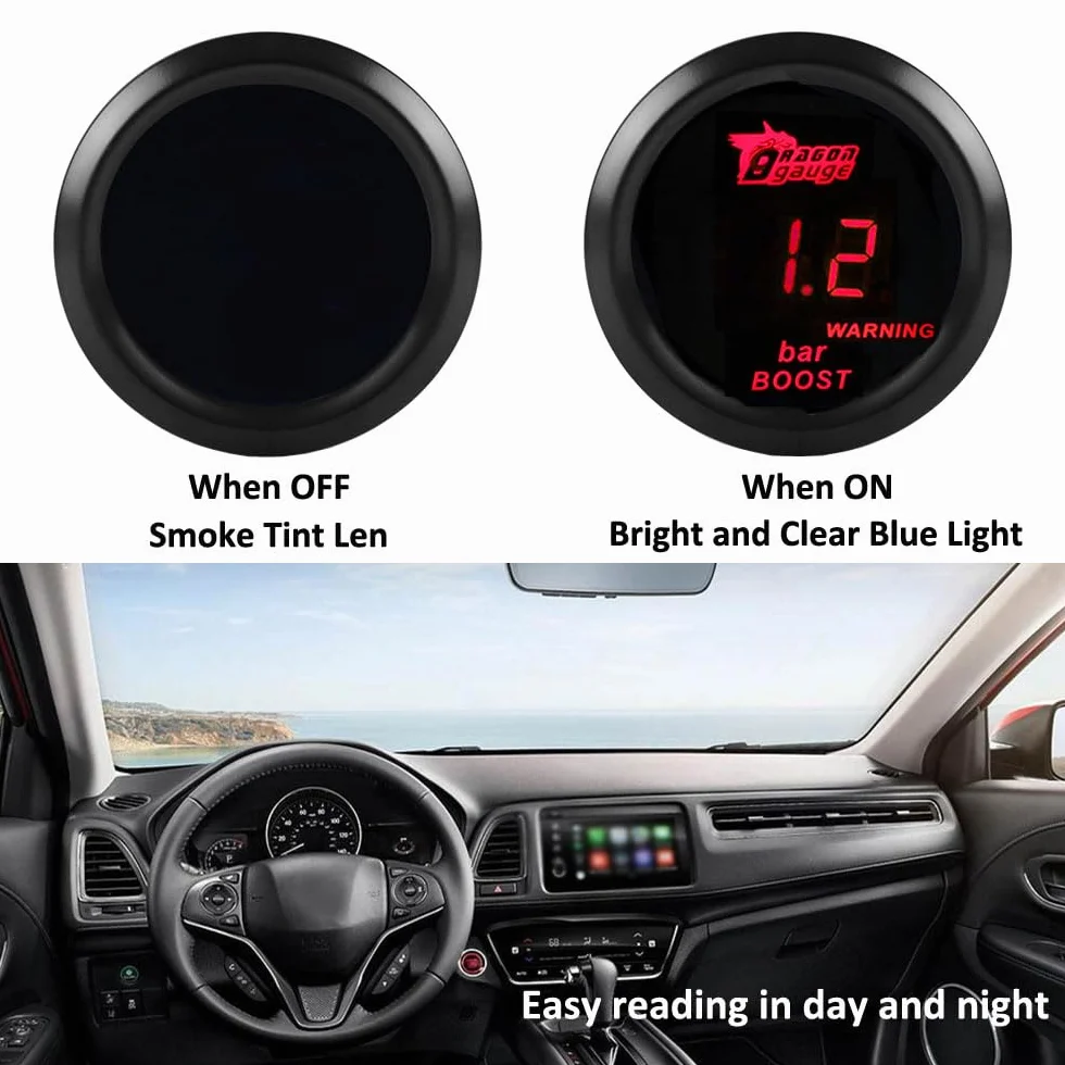 Manometro Turbo Boost 2" 52mm Indicatore Calibro per Auto Bar Luce Rosso Digitale Strumento Misuratore Pressione con Sensore