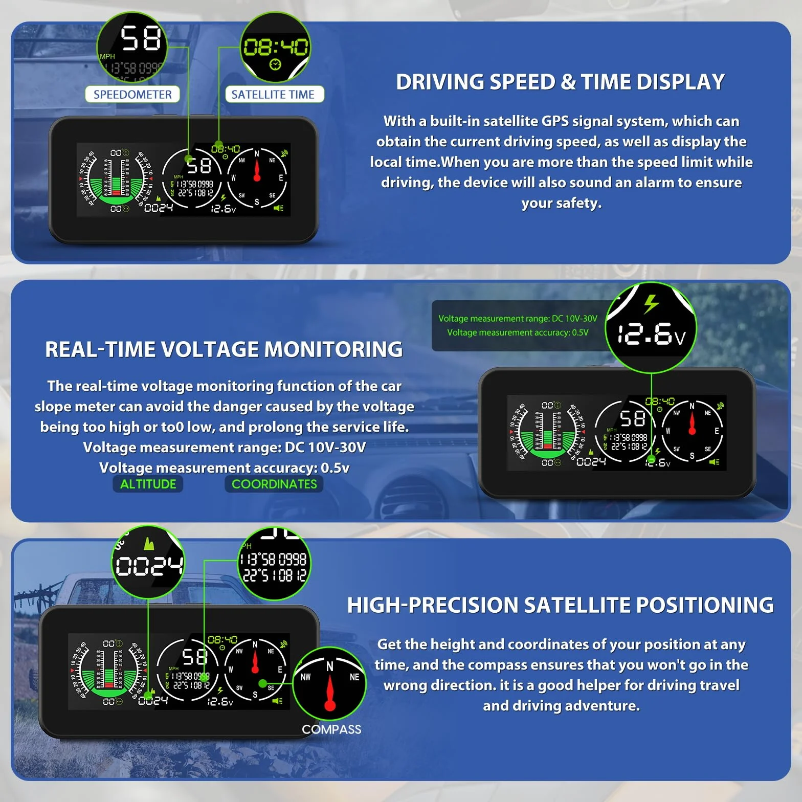 PLAYOCCAR M60 GPS Velocità e pendenza Giroscopio multiasse integrato Indicatore livello inclinazione Contatore velocità Smart Slope Meter