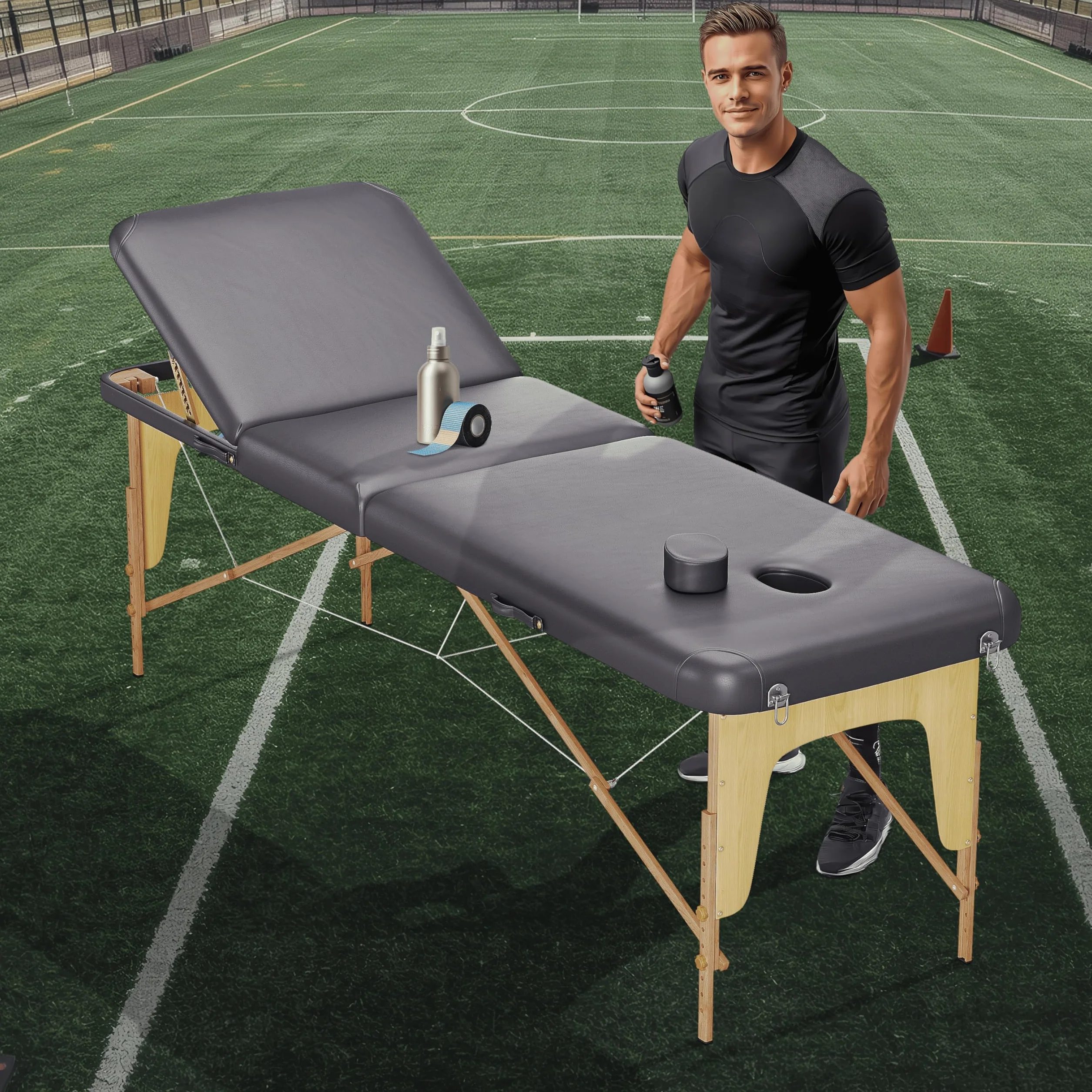 Beltom Lettino da Massaggio 3 Zone in Legno 185x60 cm Portatile 14,3 kg Nero
