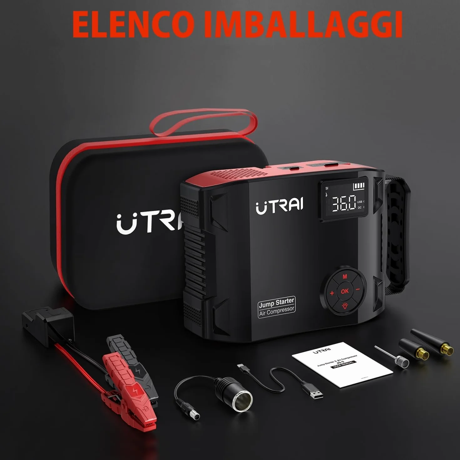 Avviatore Batteria Auto 8000A, UTRAI 27000mAh Avviatore Emergenza Auto con Compressore, DC160W Booster Avviamento Auto/Moto Portatile (Fino a Tutti i Benzina e 12L Diesel)/Doppia USB/1600 Lumen LED