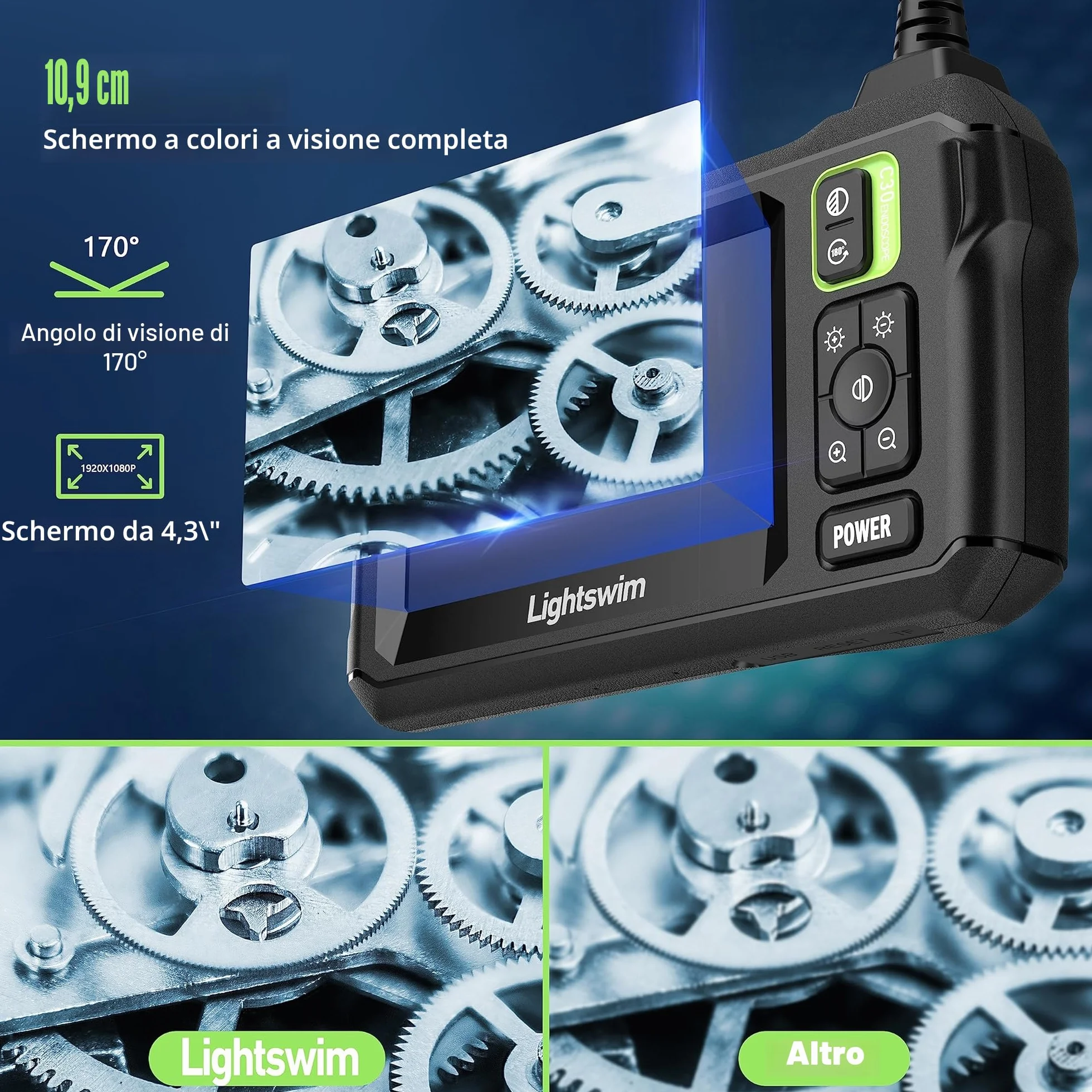 Lightswim Endoscopio industriale HD 1920P 4,3 pollici LCD telecamera ispezione cavo 5m LED