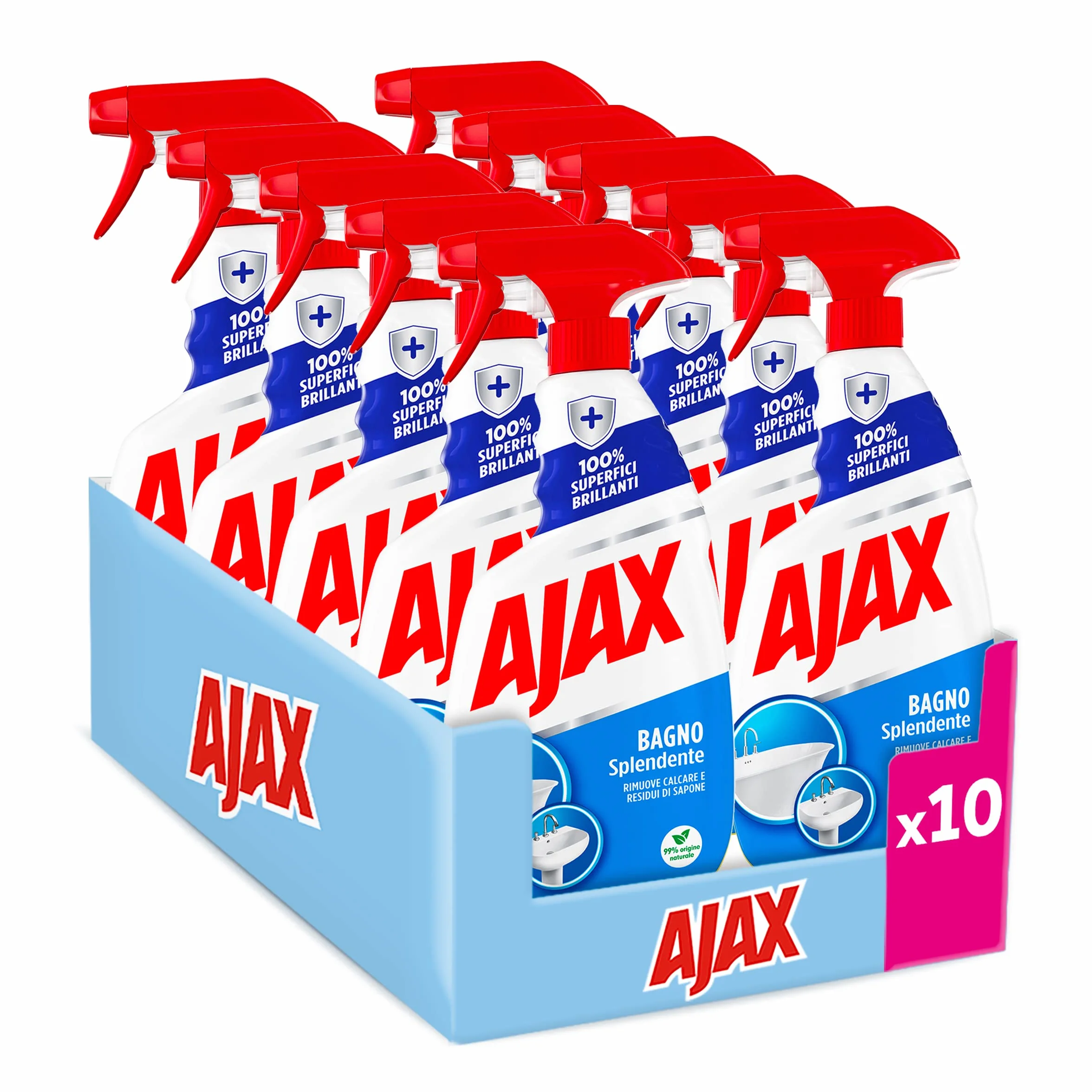 Ajax Detergente Spray Bagno 10 Confezioni da 600 ml, Rimuove Calcare, Superfici Brillanti, Vegano