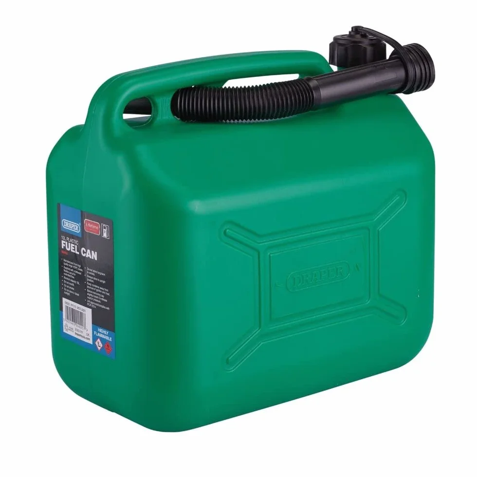 Draper Tanica per benzina in plastica da 10 l, tanica per carburante e diesel, serbatoio dell'acqua da 10000 cc, diametro beccuccio flessibile 20 mm, lunghezza beccuccio 290 mm, 09055, verde