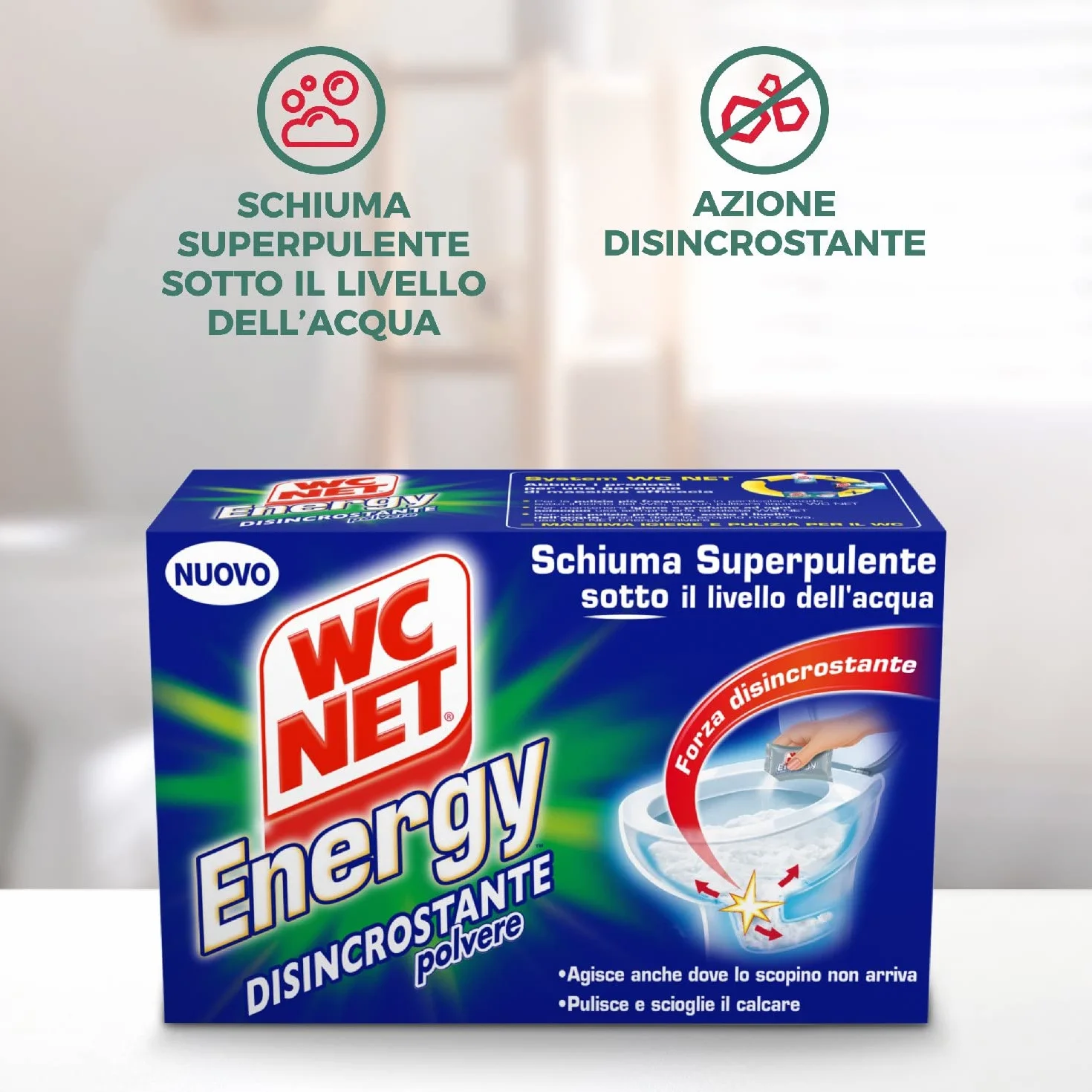 Wc Net Energy Disincrostante Detergente Anticalcare in Polvere per WC, Schiuma Autopulente, 4 Buste