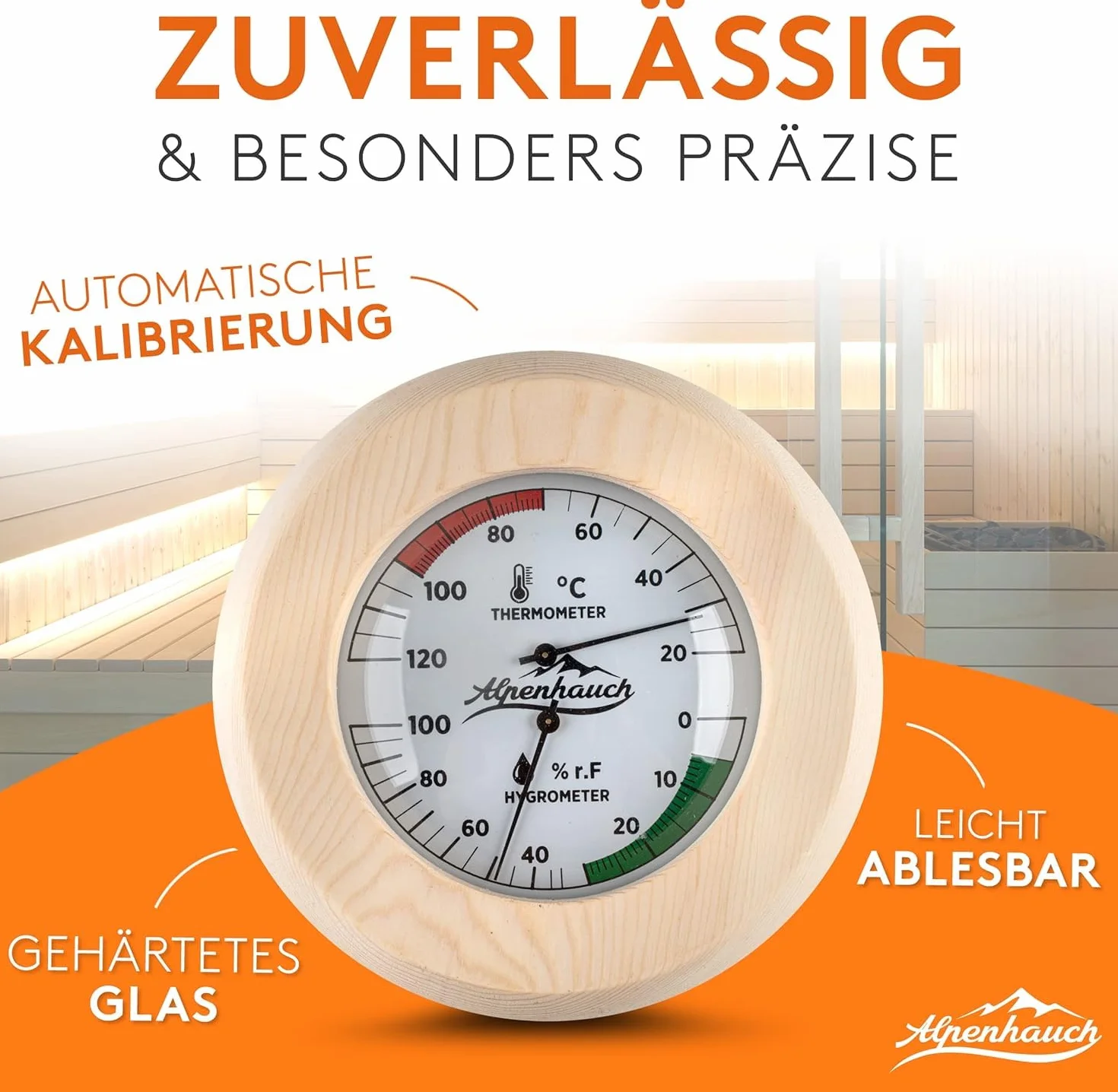 ALPENHAUCH Termometro da sauna igrometro 2 in 1 legno vetro temperato calibrazione automatica