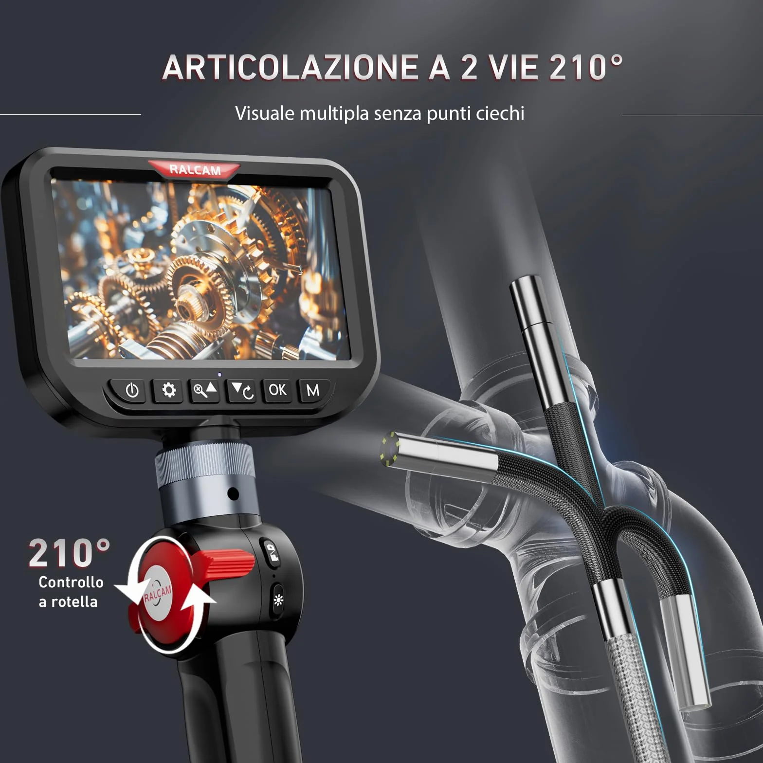 Ralcam Telecamera Endoscopica 3.9mm 5" HD IP67 Impermeabile Cavo 1.5m