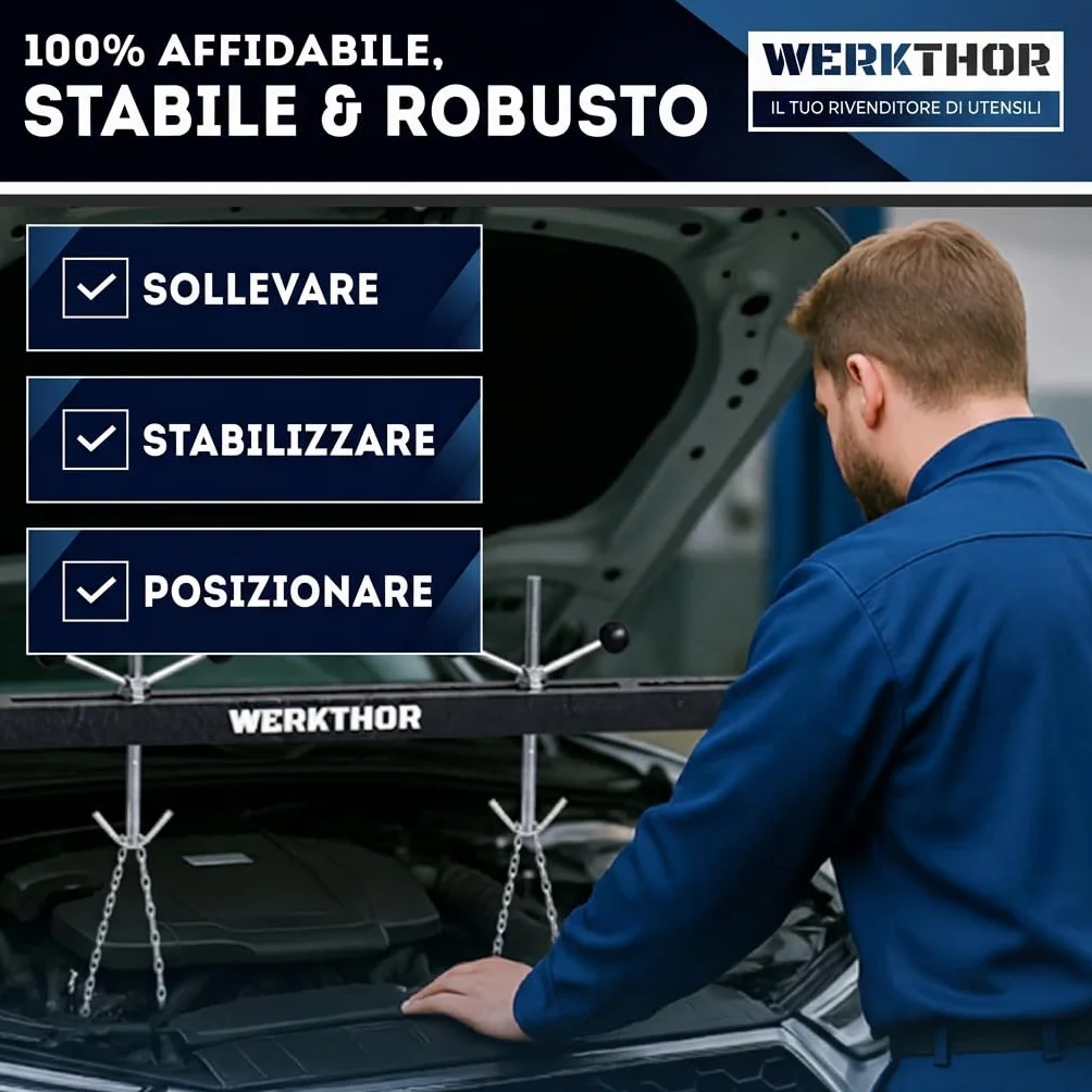 WERKTHOR Ponte motore 500 kg massiccio per auto Traversa parafango regolabile 150 cm Supporto motore 2 catene piedi 360° Ruota motore protezione parafango nero