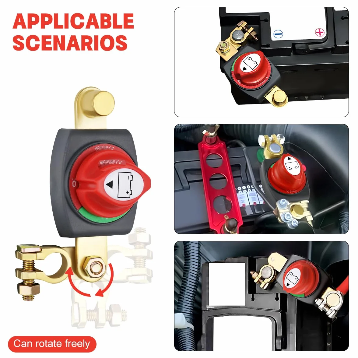 Stacca Batteria per Auto 12V/24V/48V, Regolabile 180° Interruttore di Separazione Della Batteria, Staccabatteria, per Auto, Barca, Moto, Veicoli, Camion