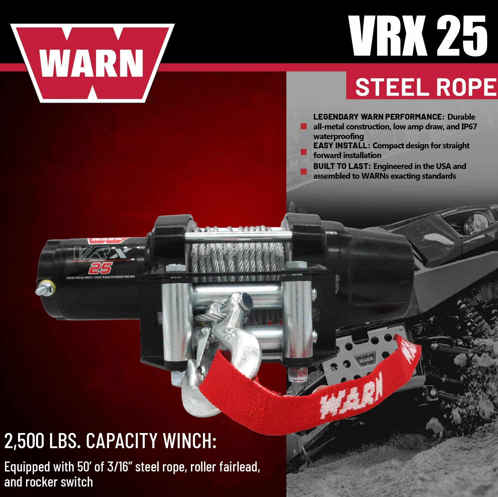 Warn Verricello VRX 25 Powersports 101025 1,25t 3/16" x 50' Cavo Acciaio