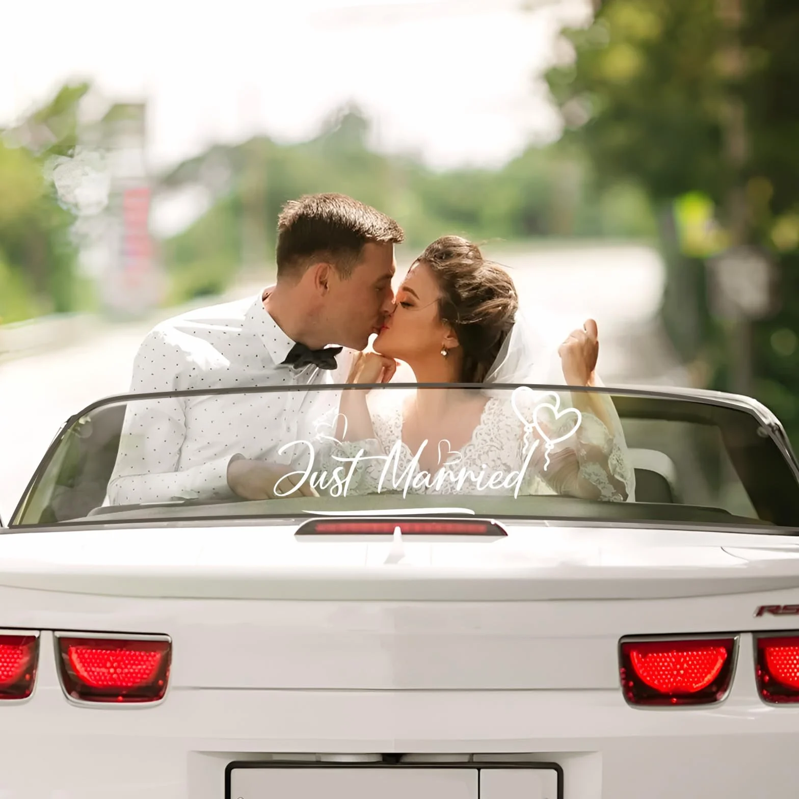 Just Married Adesivo decorativo per auto nuziale,appena sposati adesivo per paraurti matrimonio,Car Decal Wall Sticker,decorazione autoadesiva dell'automobile vinile della decalcomania,palloncino
