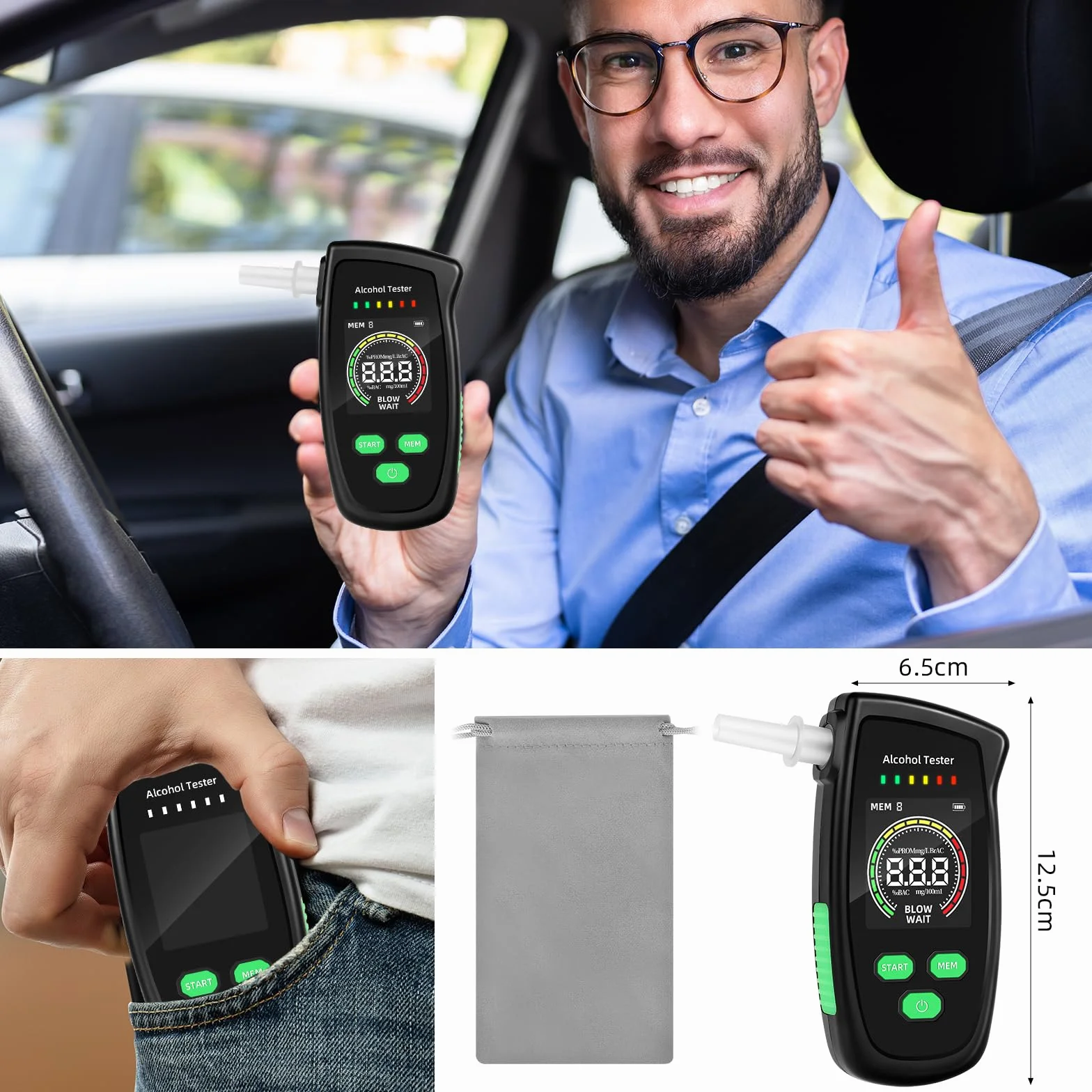 Etilometro Elettronico Portatile Certificato Etilometro di Alta Precisione con 5 boccagli, Etilometro Altamente Preciso con Schermo LCD Digitale per Test Personali a Casa