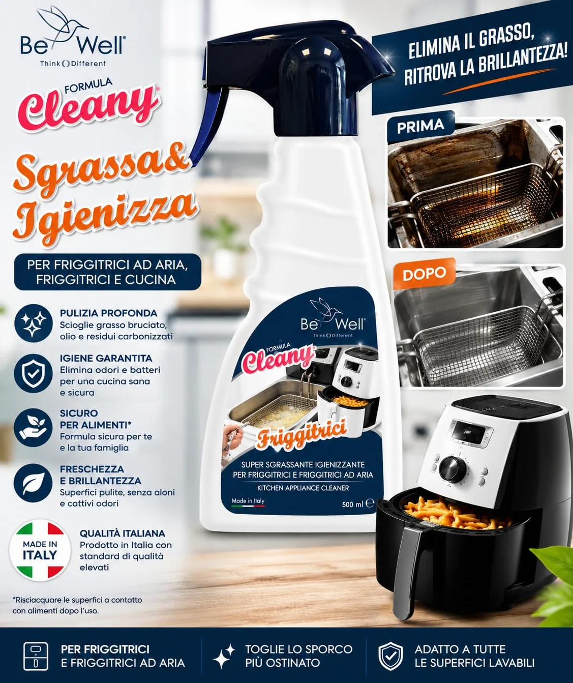 CLEANY Detergente Professionale Spray per Friggitrici, Sgrassante Igienizzante, 500 ml, Made in Italy