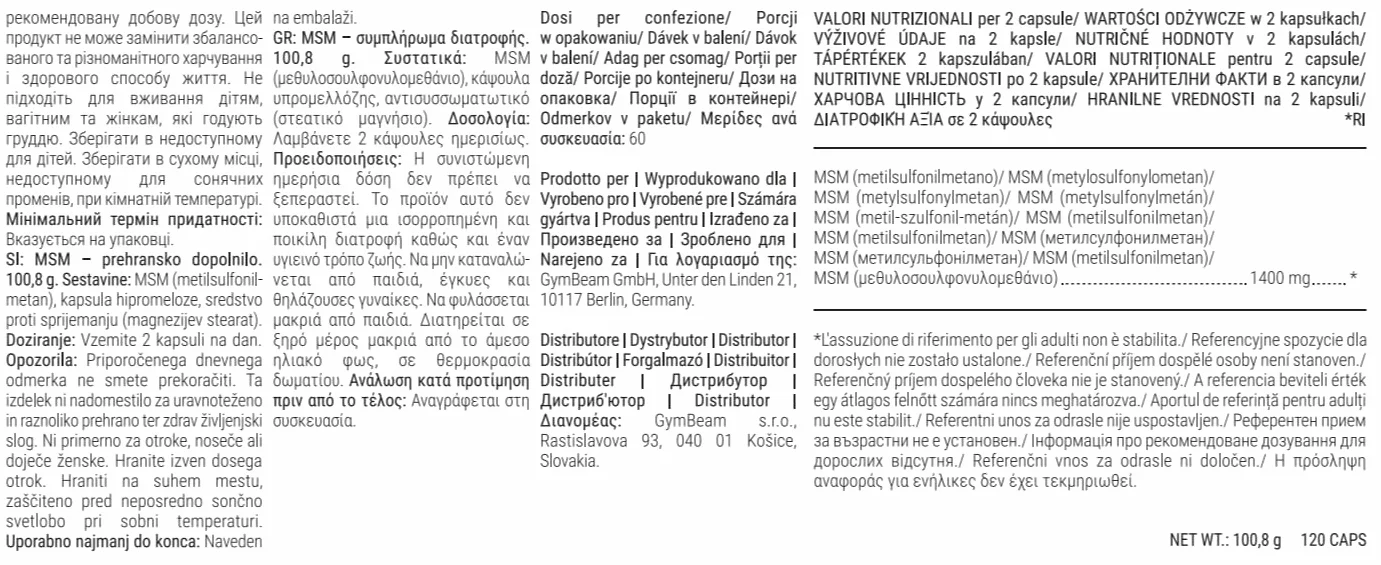 GymBeam MSM Integratore Puro 1400 mg - Metilsulfonilmetano Capsule - Zolfo Organico per Articolazioni - 120 capsule