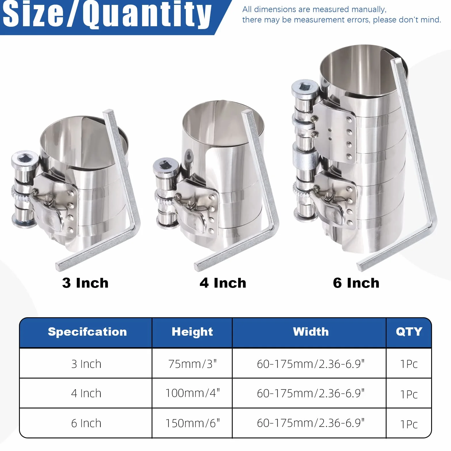 Glarks Set di 7 attrezzi per compressore ad anello pistone da 7,6 cm, 10,2 cm, 15,2 cm, set di utensili per compressore ad anello del motore dell'auto e pinze ad anello del pistone con viti di