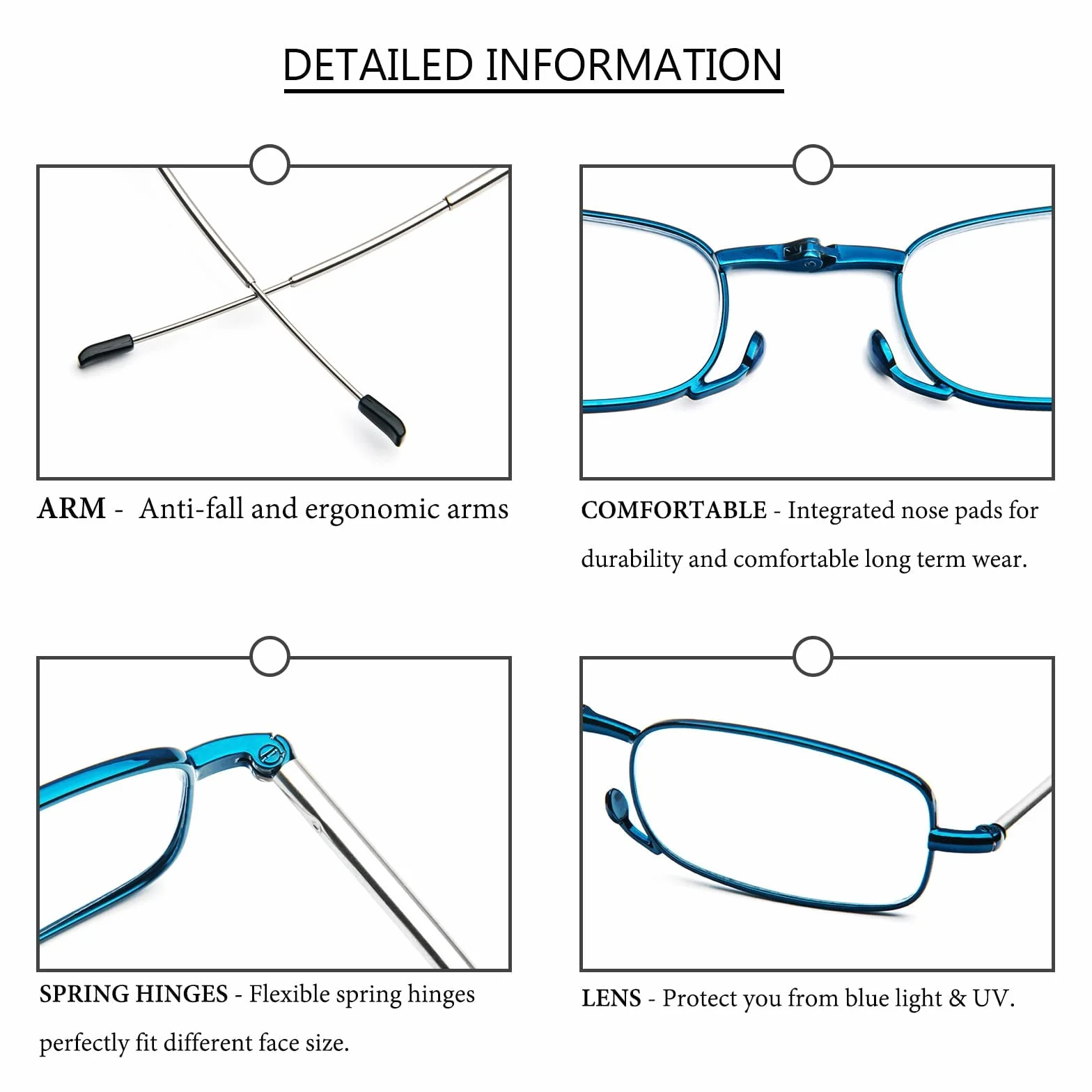 MMOWW Occhiali da lettura Pieghevoli Anti-blu con Aste Telescopiche Custodia Portatile Blu +2.0