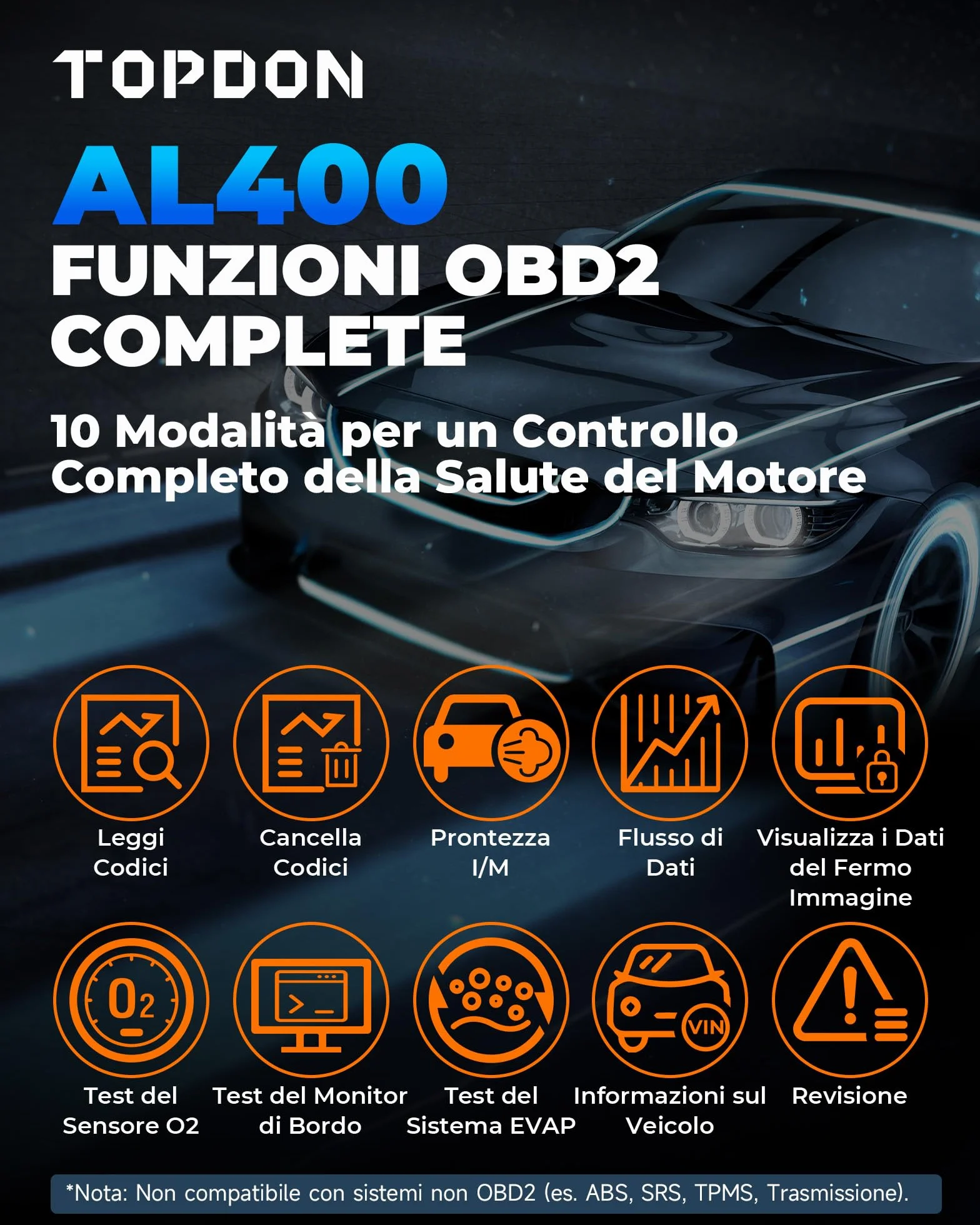 TOPDON AL400 OBD2 Diagnostico per Auto, 10 Modalità, Schermo 2.4 Pollici TFT