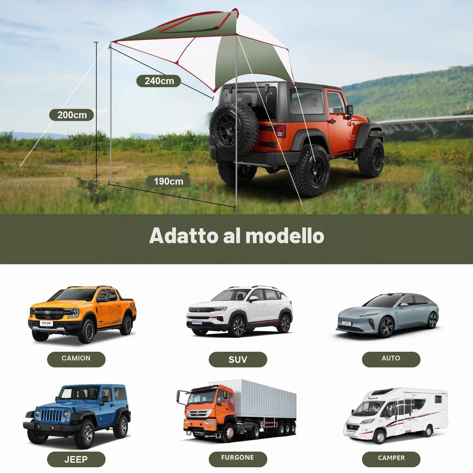 Tenda da Sole per Auto SUV Furgoni Campeggio Anti UV Impermeabile 2.4x1.9x2m